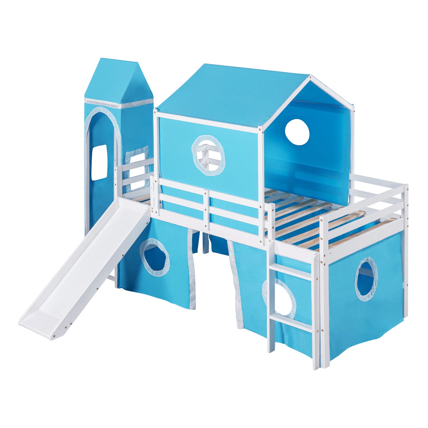 Blue Castle Loft Bed with Slide and Tower for Kids