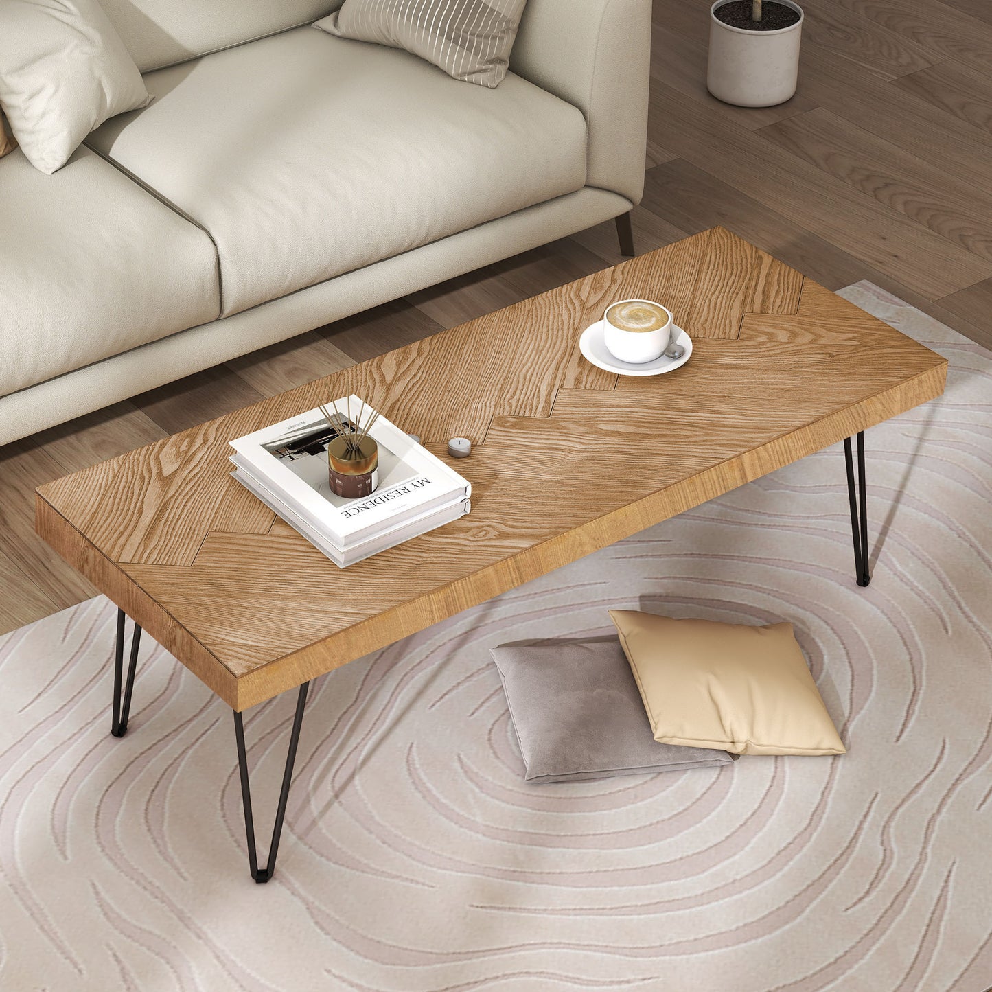 Stylish Ash Wood Coffee Table with Metal Hairpin Legs