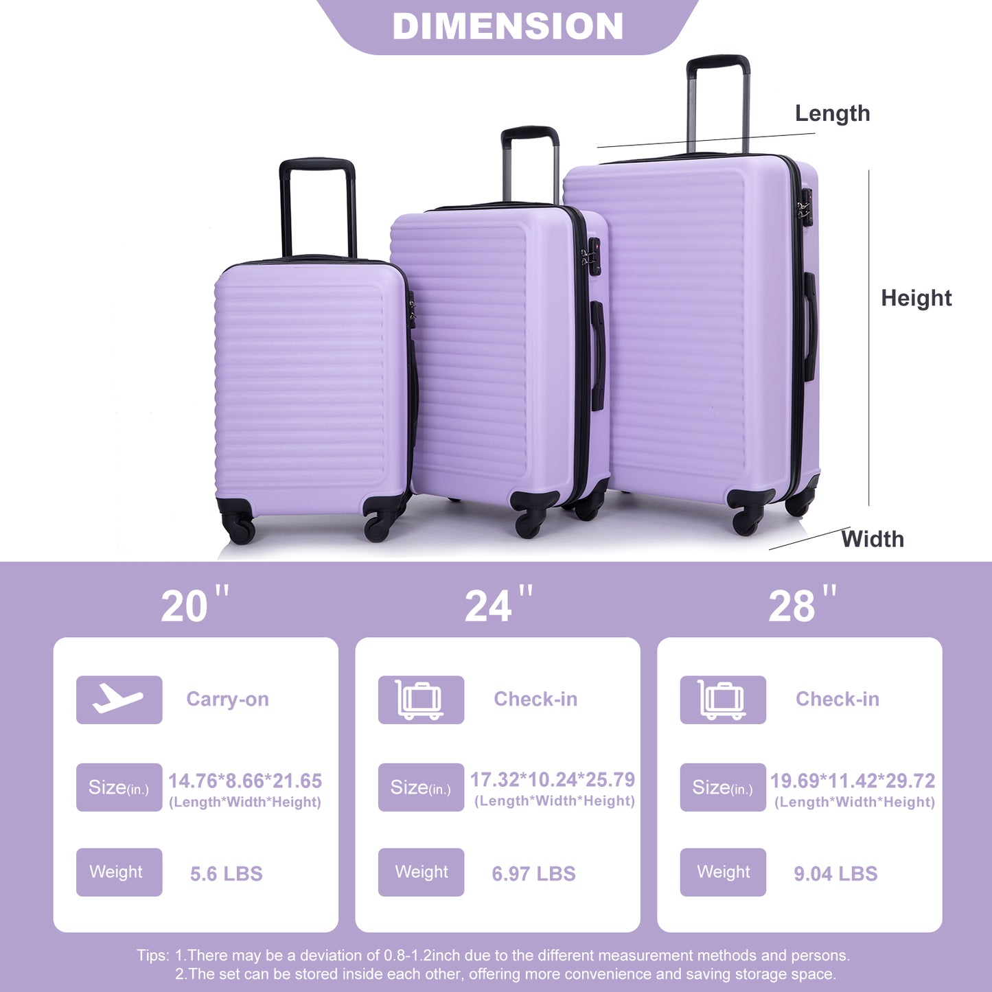 3 Piece Luggage Sets ABS Lightweight Suitcase with Two Hooks, Spinner Wheels, TSA Lock, (20/24/28) Lavender Purple