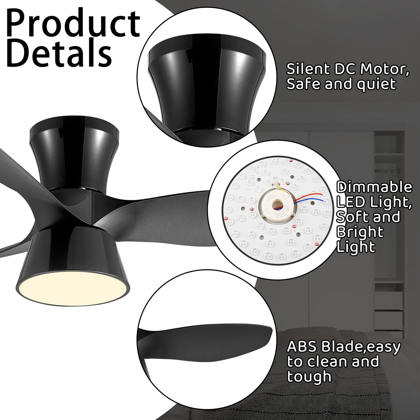 32 Inch Sleek Black Ceiling Fan with Integrated LED Light