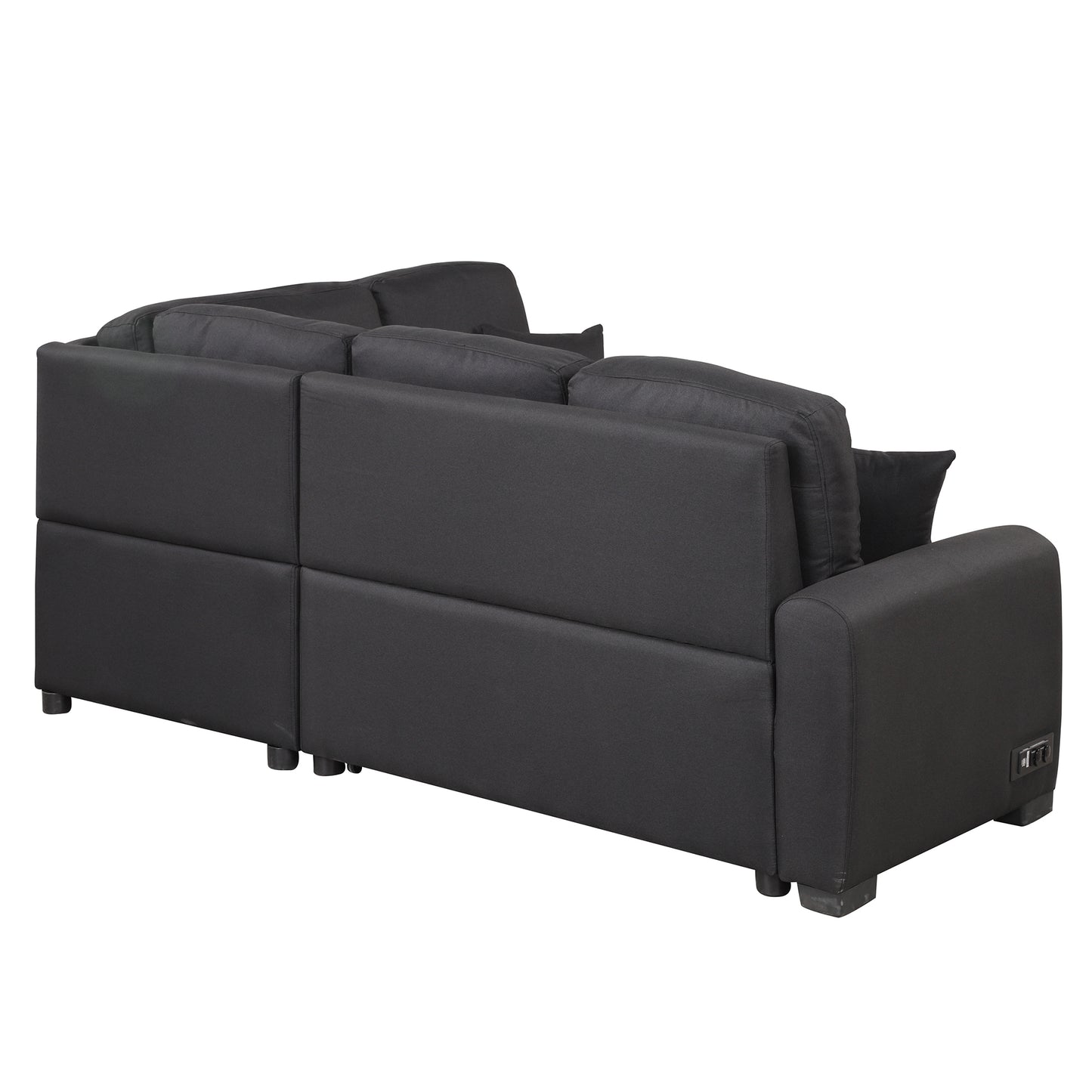 Sleeper Sectional Sofa with USB Charging Port and Plug Outlet, Pull-Out Bed with 3 Pillows, L-Shape Chaise for Small Living Spaces, Black