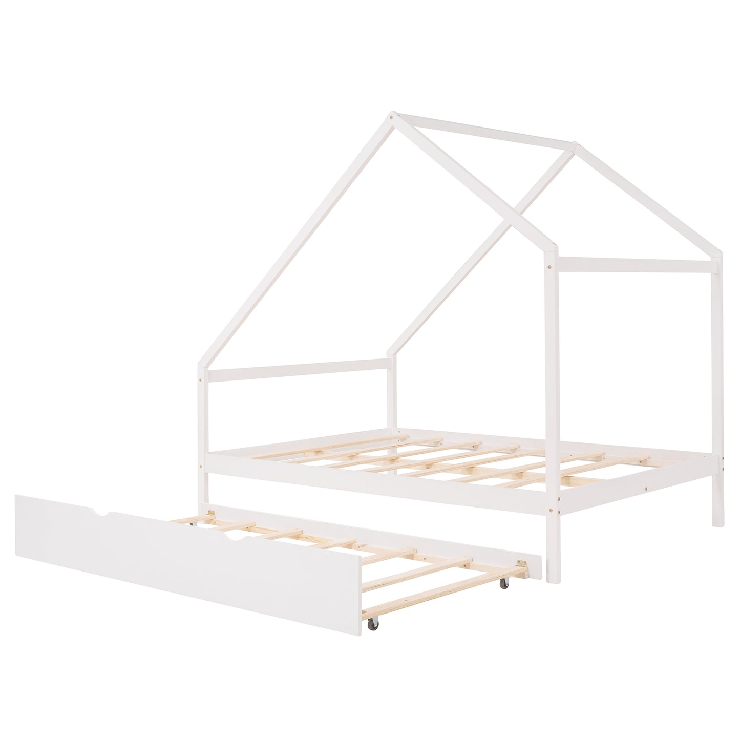 Full Size Wooden House Bed With Twin Size Trundle, White