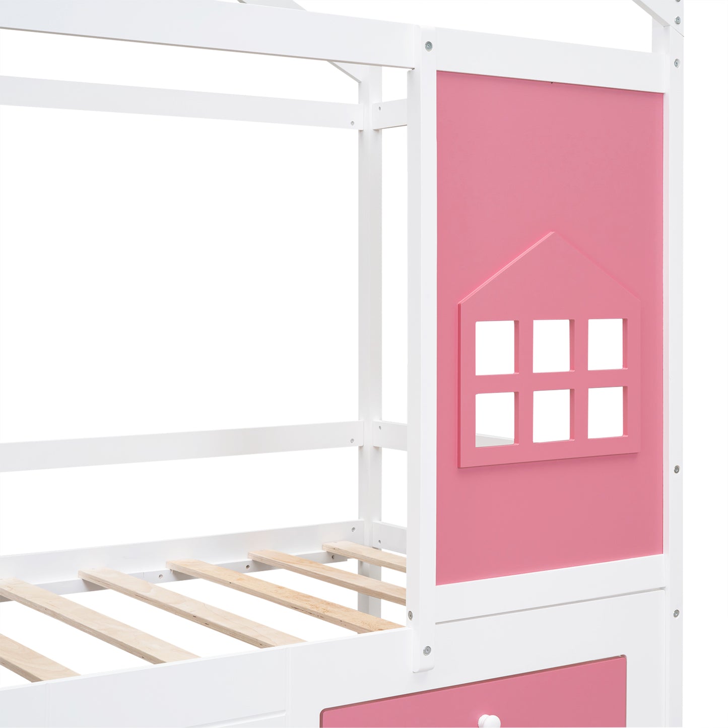 Twin Size Wood House Bed with 2 Drawers and Window Decoration, White+Pink