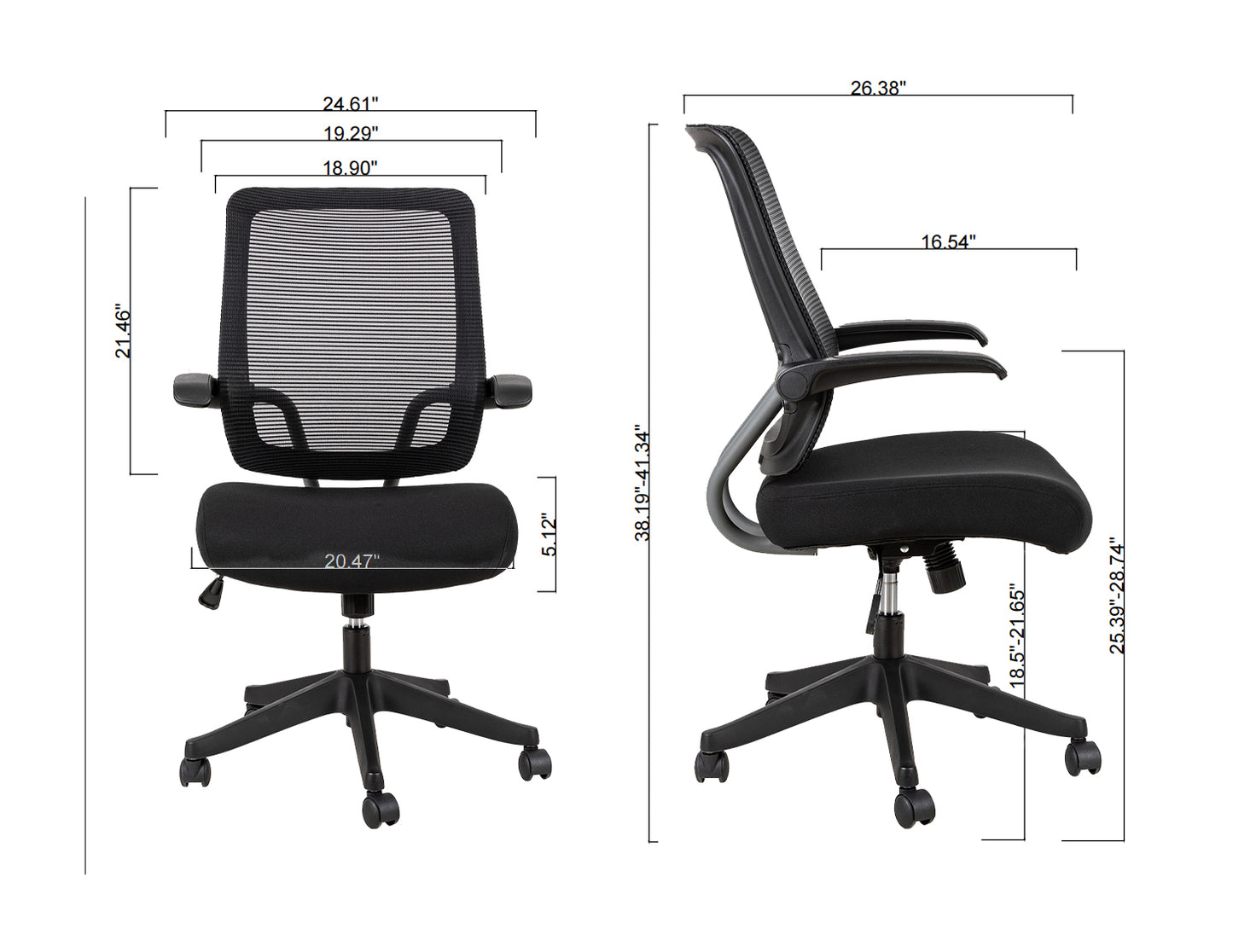 Mid task office chair with flip up arms, tilt angle max to 105 °,300LBS,Black