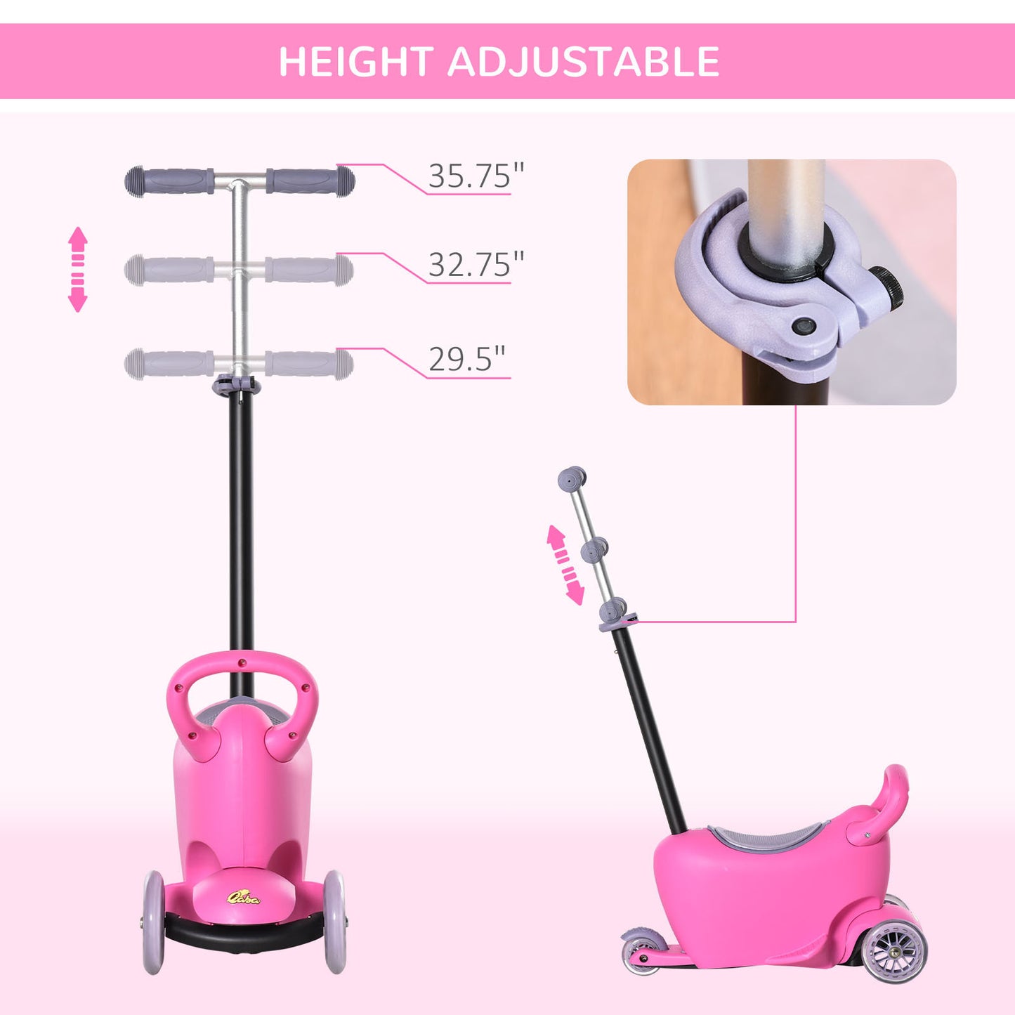 3-in-1 Ride On Push Car, Kids Scooter, Sliding Walker, Push Rider, with Adjustable Handlebar, 3 Balanced Wheels, Removable Storage Seat, for Boys and Girls Aged 2-6 Years Olds, Pink