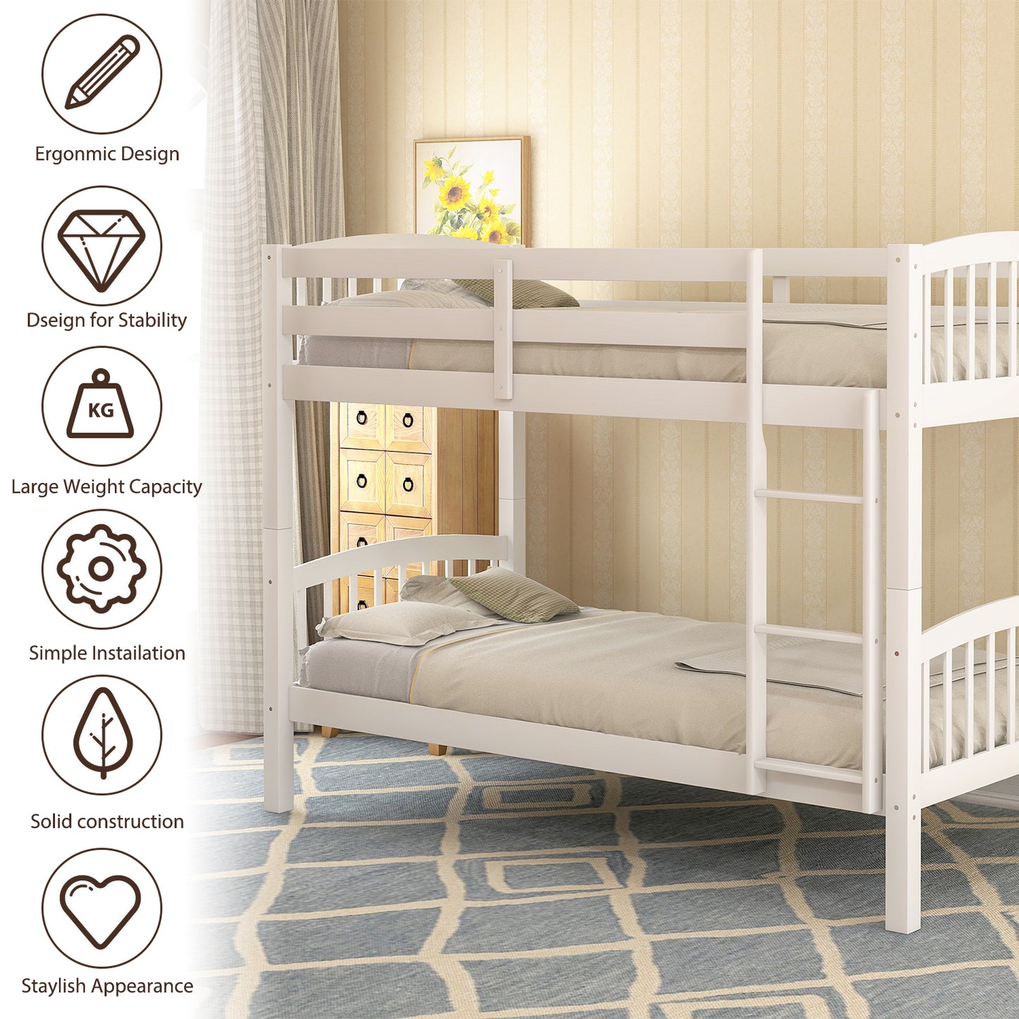 White Twin Bunk Bed with Ladder for Space Optimization