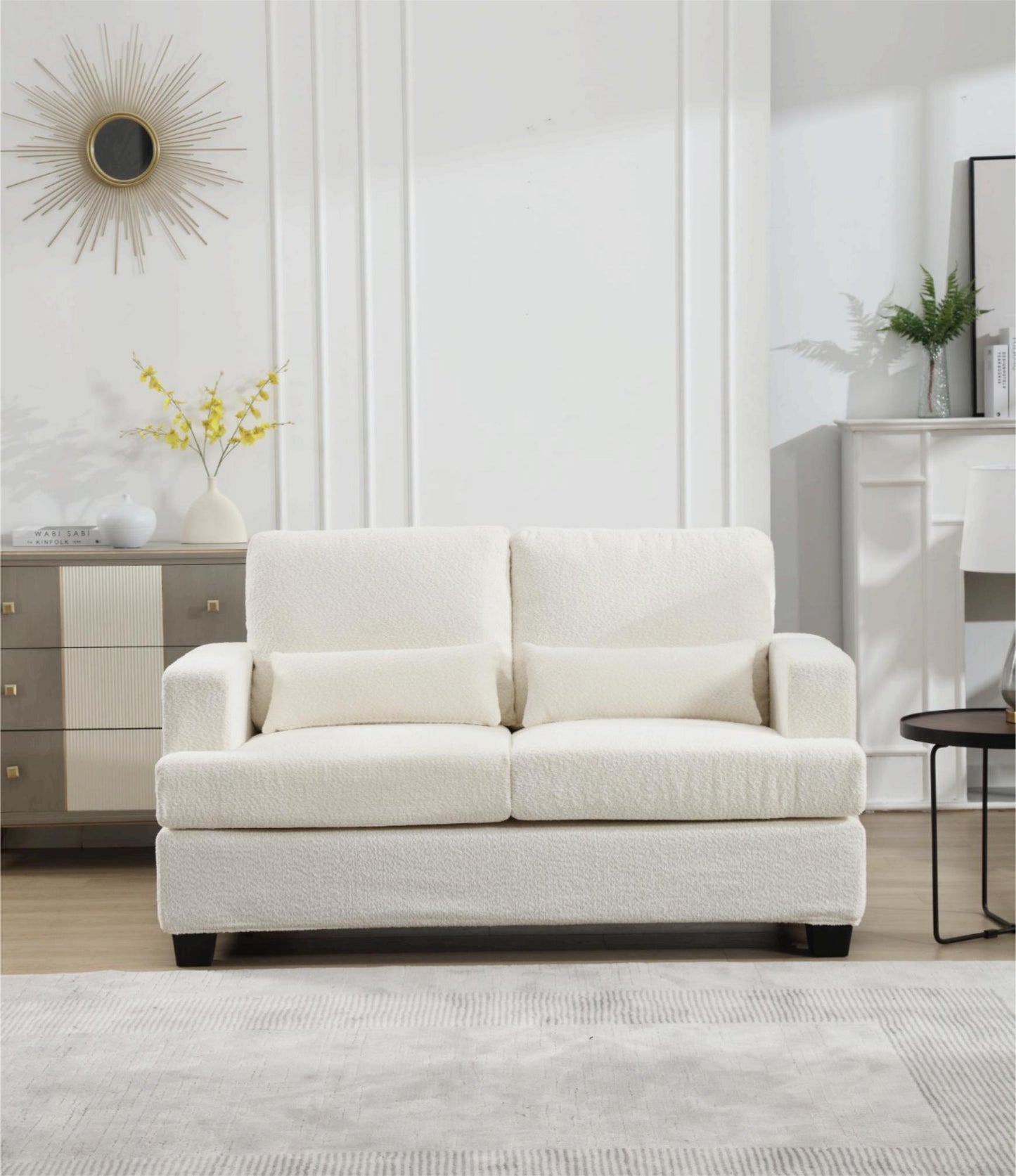 Modern 63 Loveseat for Living Room with Square Armrest and Removable Cushion Set (White & Gray Fabric)