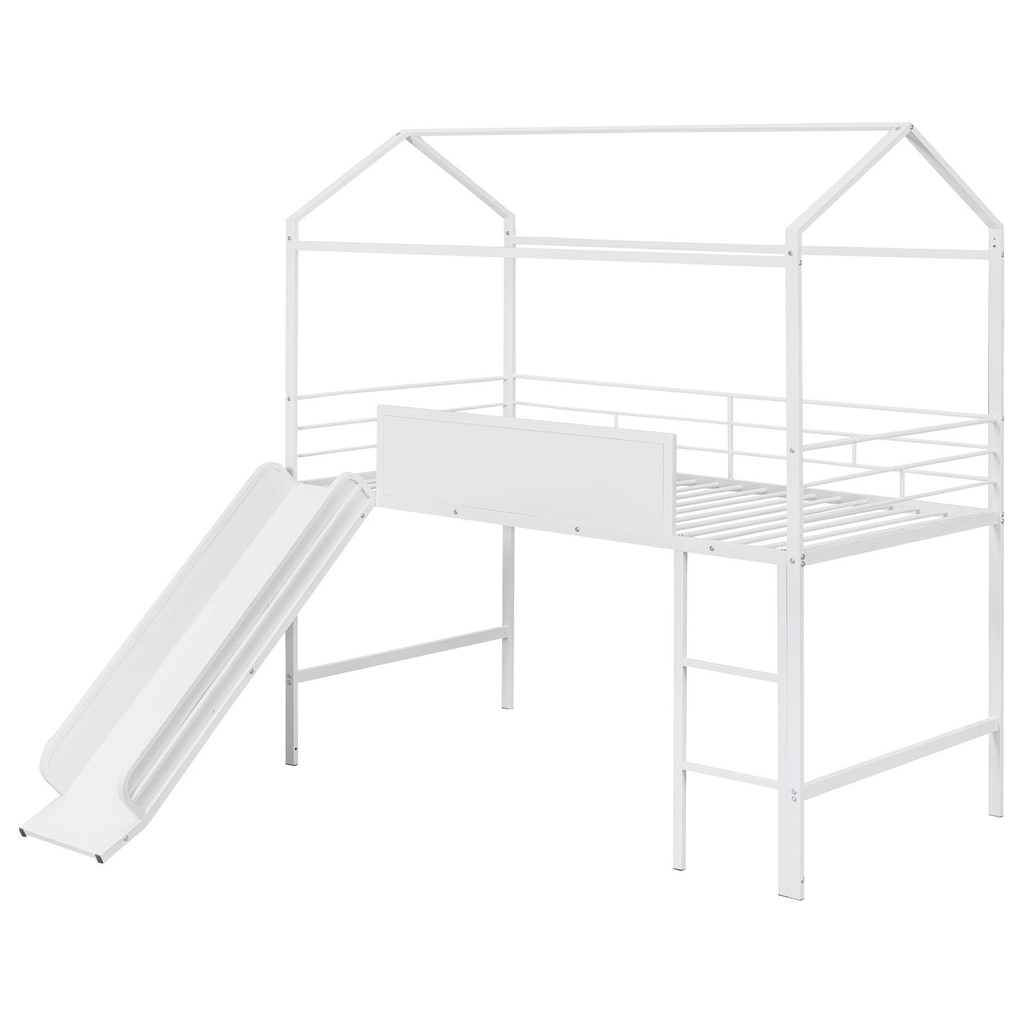 Metal House Bed With Slide, Twin Size Metal Loft Bed with Two-sided writable Wooden Board (White )