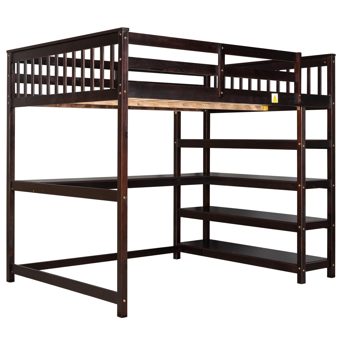 Full Size Loft Bed with Storage Shelves and Under-bed Desk, Espresso