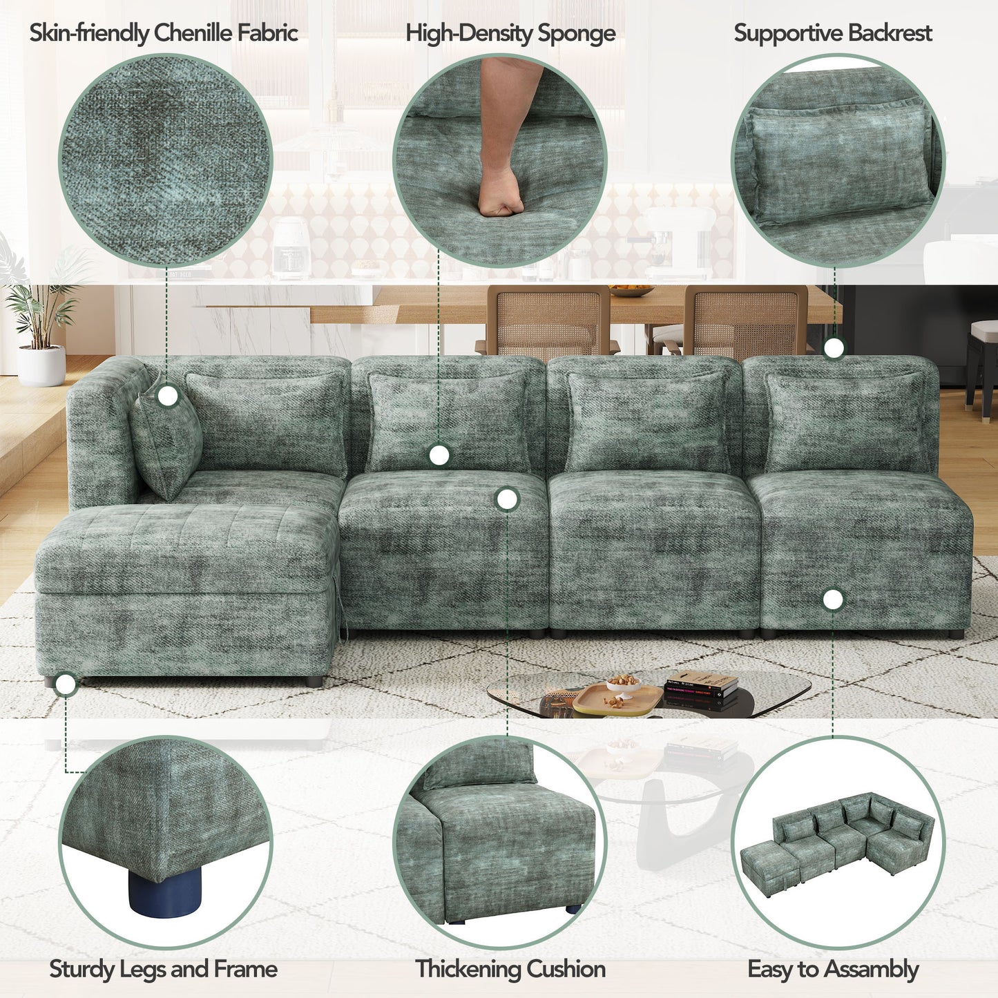 Endless Lounge Creations: Free-Combined Blue-Green Sectional Sofa with Storage Ottoman and 5 Pillows