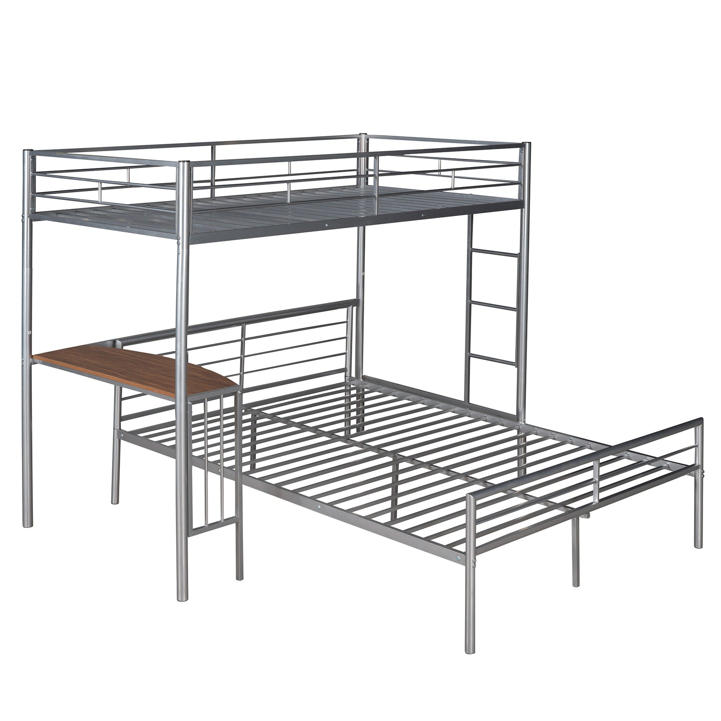 Silver Metal Twin Over Full Loft Bed with Integrated Desk and Ladder