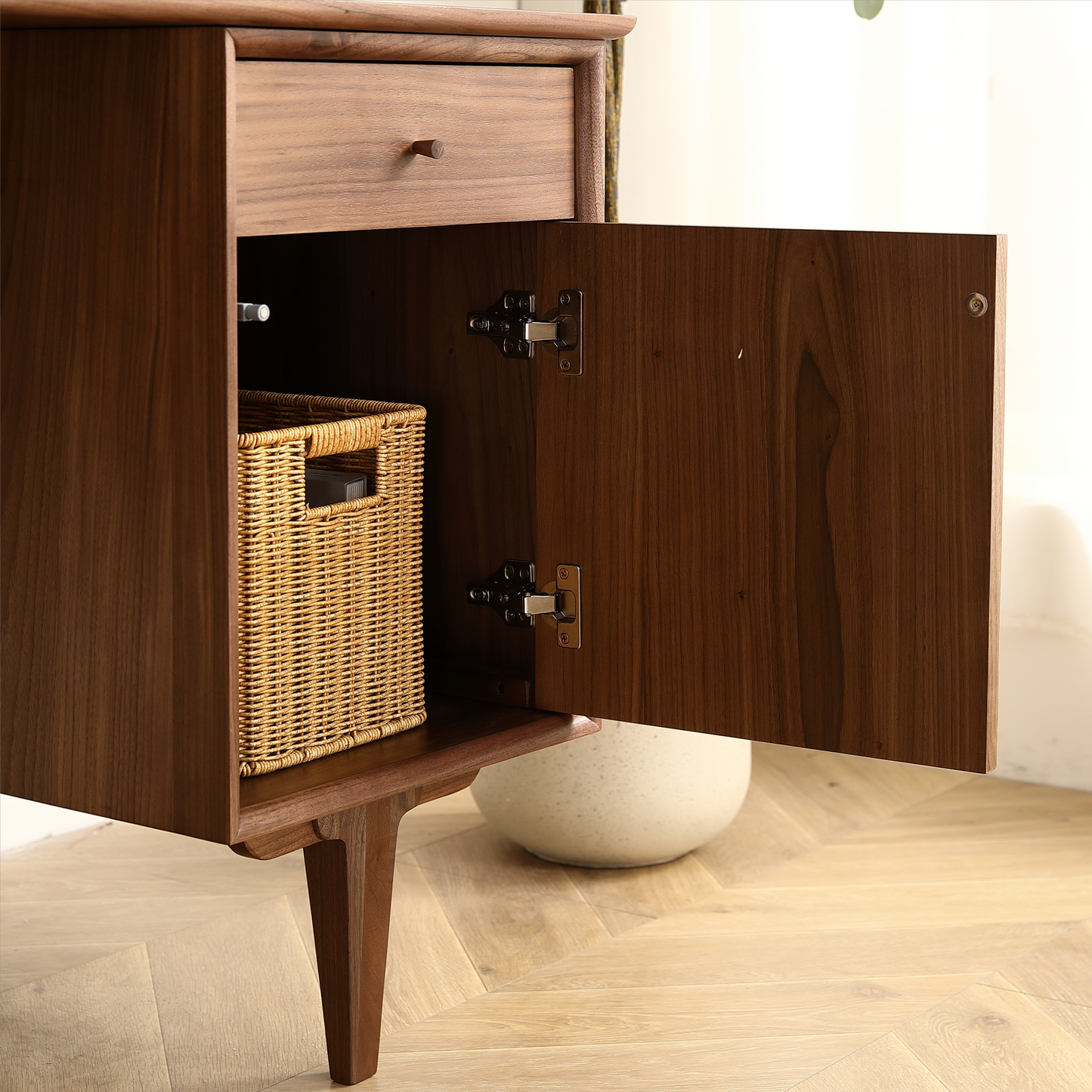 Elegant Large Black Walnut Desk with Chic Rattan Mesh Door and Spacious Storage Area