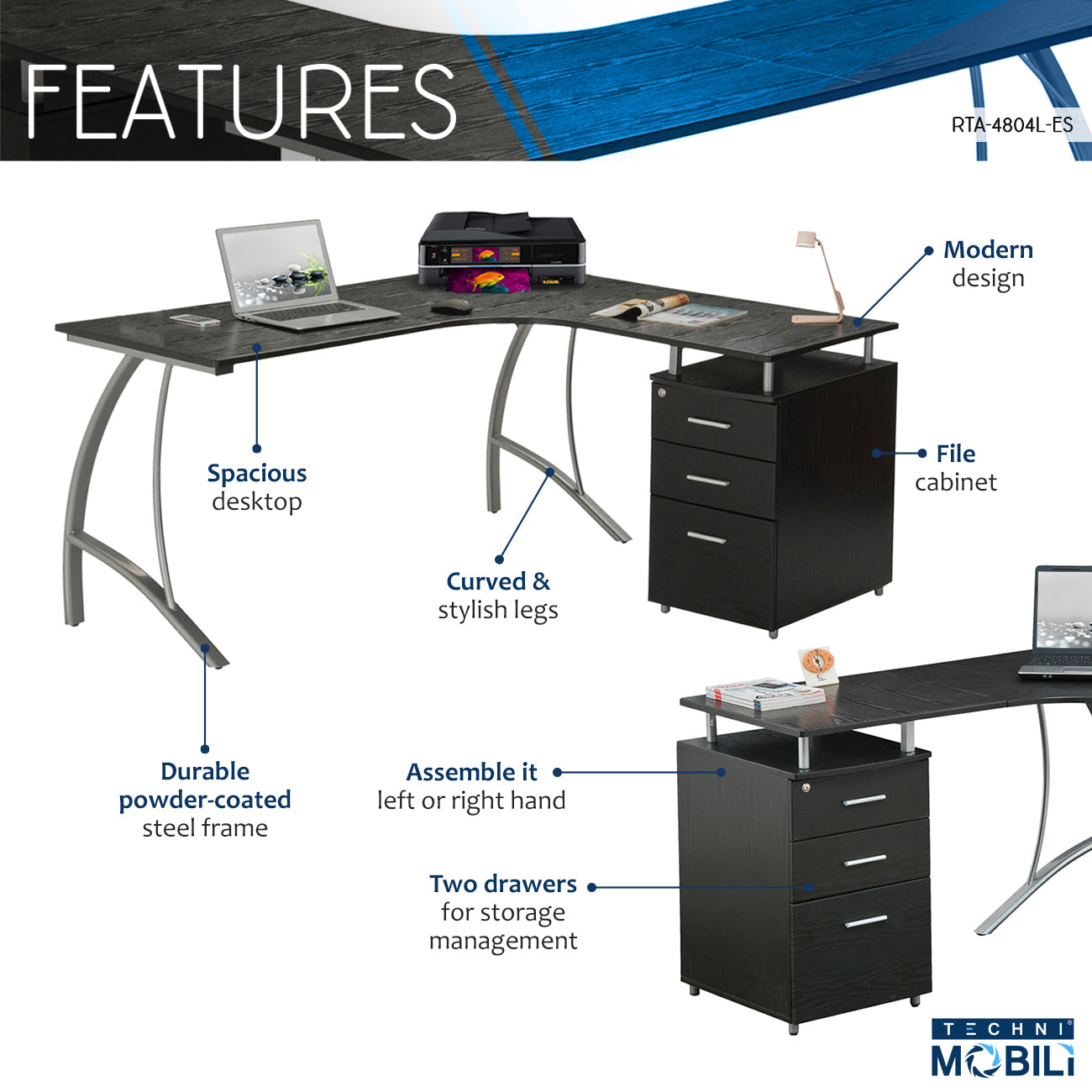 Sophisticated Espresso L-Shaped Computer Desk with Enhanced Storage System