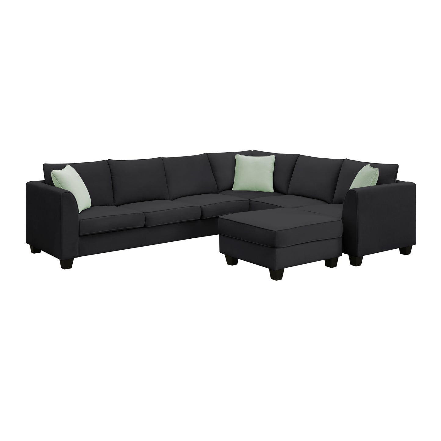 L-Shaped Black Sectional Couch Set with Ottoman and Pillows