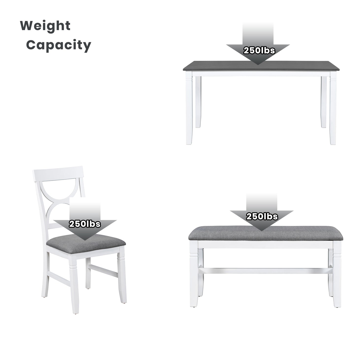 6-Piece Wood Dining Table Set Kitchen Table Set with Upholstered Bench and 4 Dining Chairs, Farmhouse Style,Gray+White