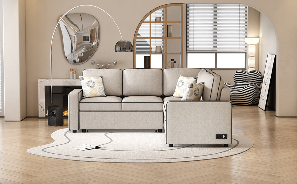 83 Cream Convertible L-Shaped Sleeper Sofa with USB Ports and Power Sockets