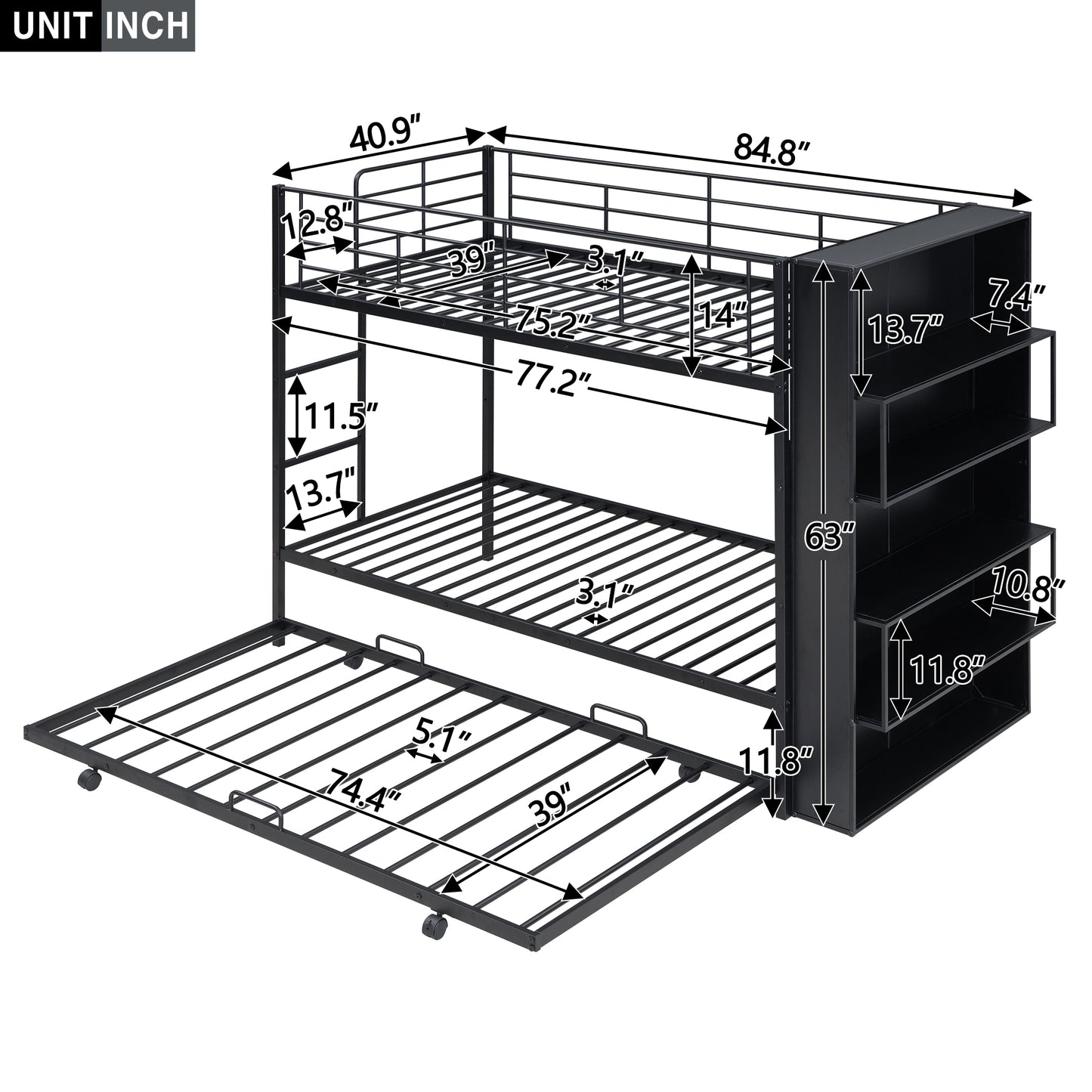 Twin Size Black Metal Bunk Bed with Integrated Bookshelf