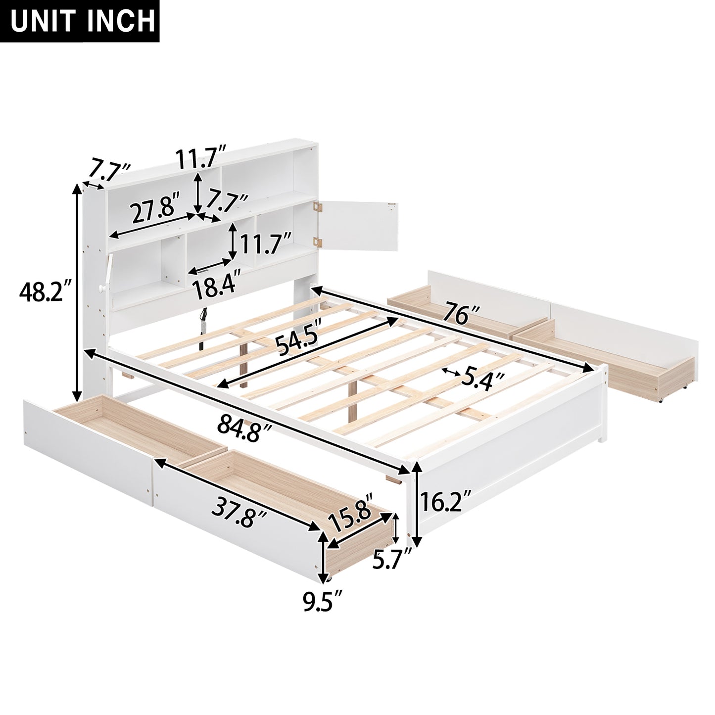 Full Size Platform Bed with Storage Headboard, Charging Station and 4 Drawers, White