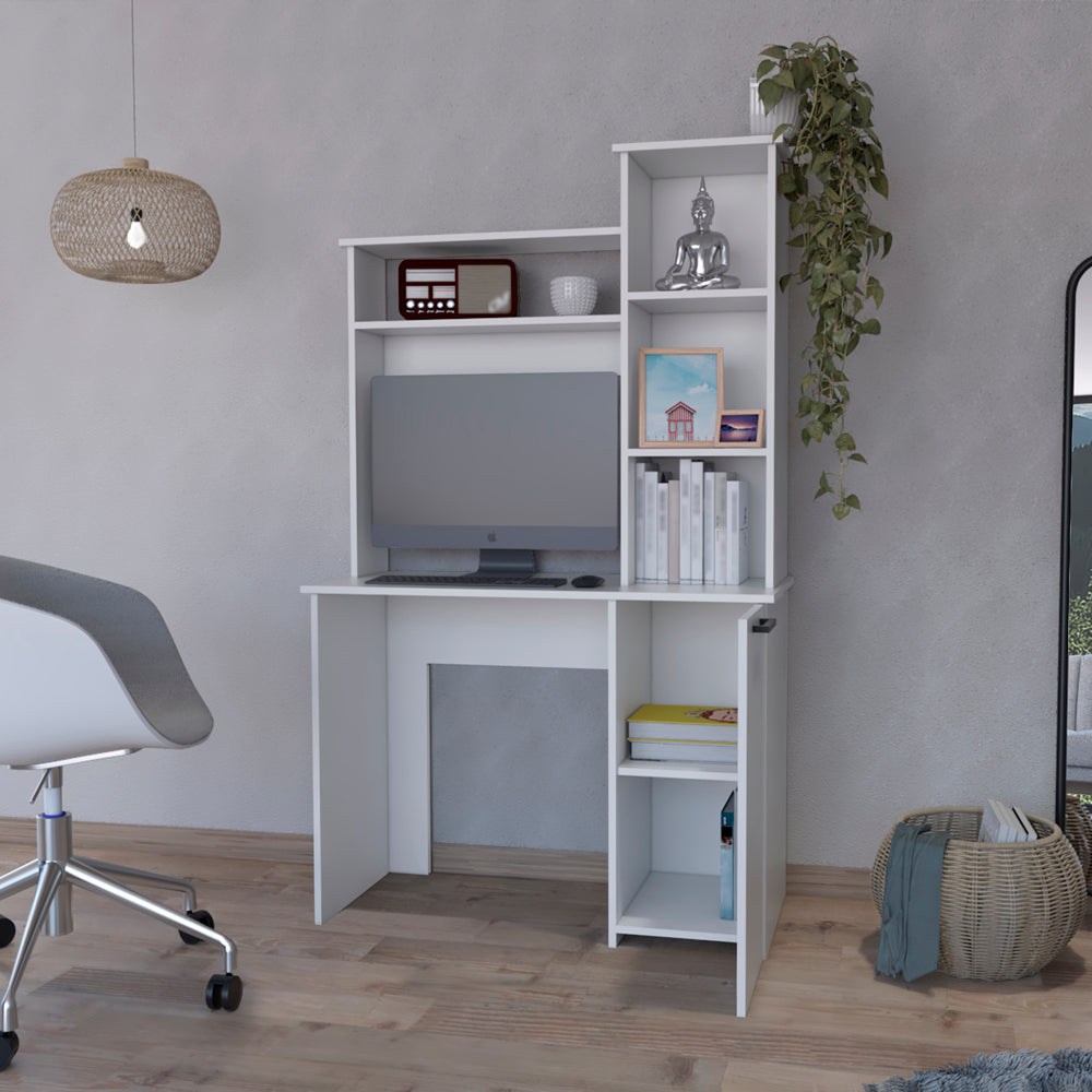 Elegant White Office Desk with Integrated Hutch and Versatile Storage Options