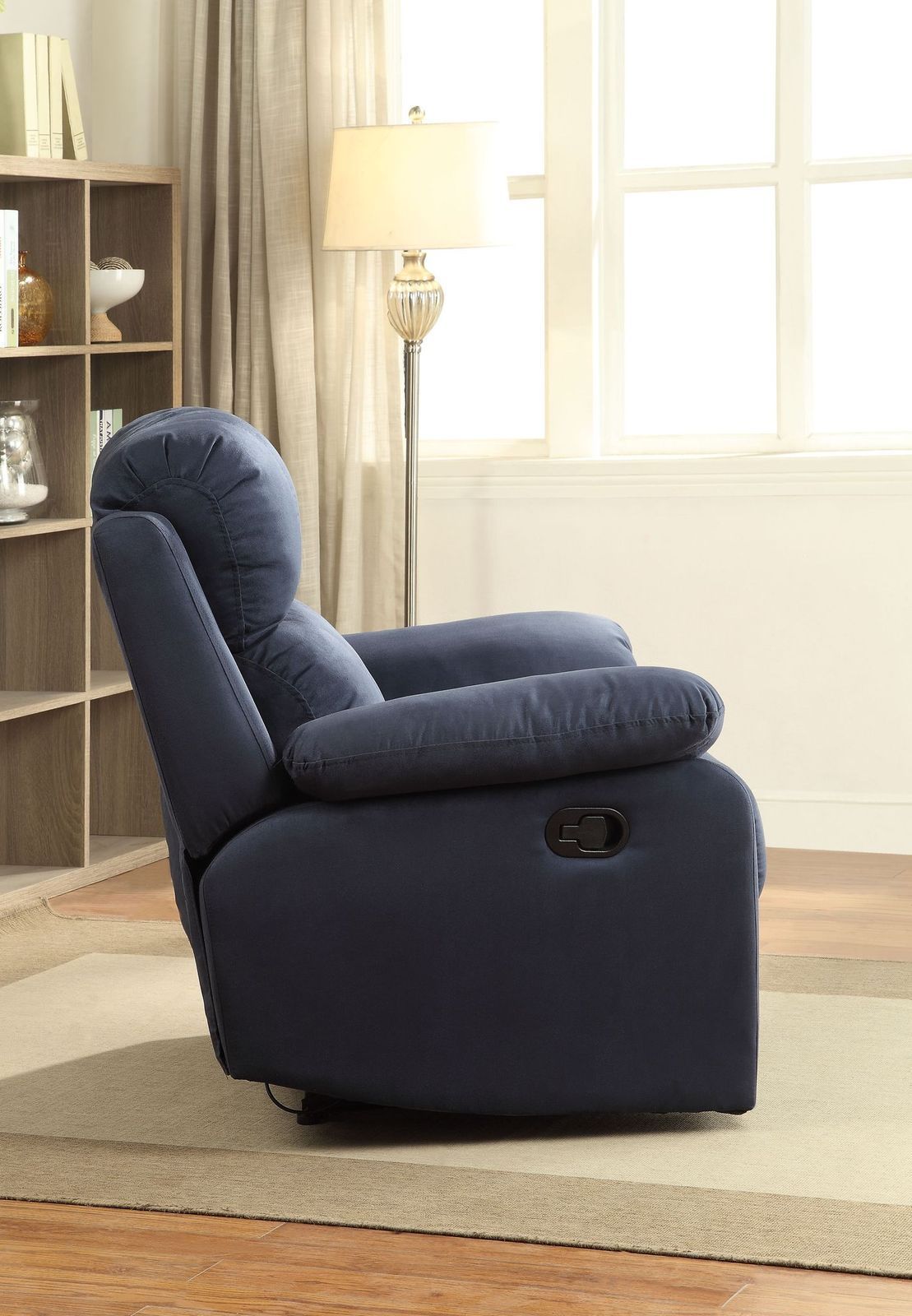 Blue Microfiber Motion Recliner with External Latch Handle