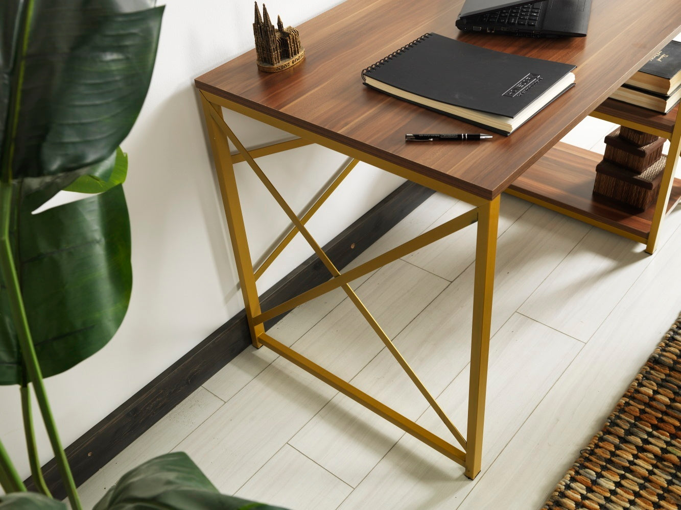 Elegant Morello Gold Metal Frame Writing and Computer Desk with Wooden Top and Shelves, White - Sophisticated Home Office Desk