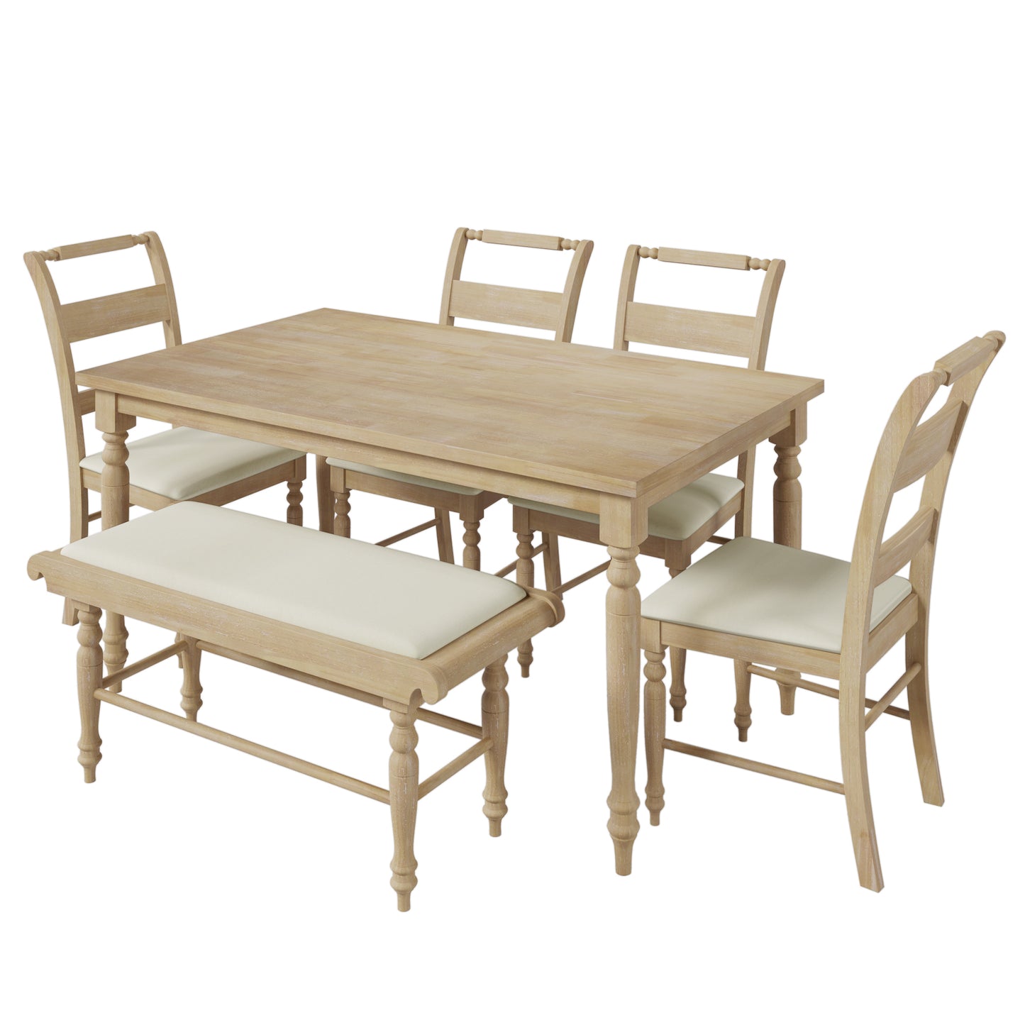 6-peice Dining Set with Turned Legs, Kitchen Table Set with Upholstered Dining Chairs and Bench,Retro Style, Natural