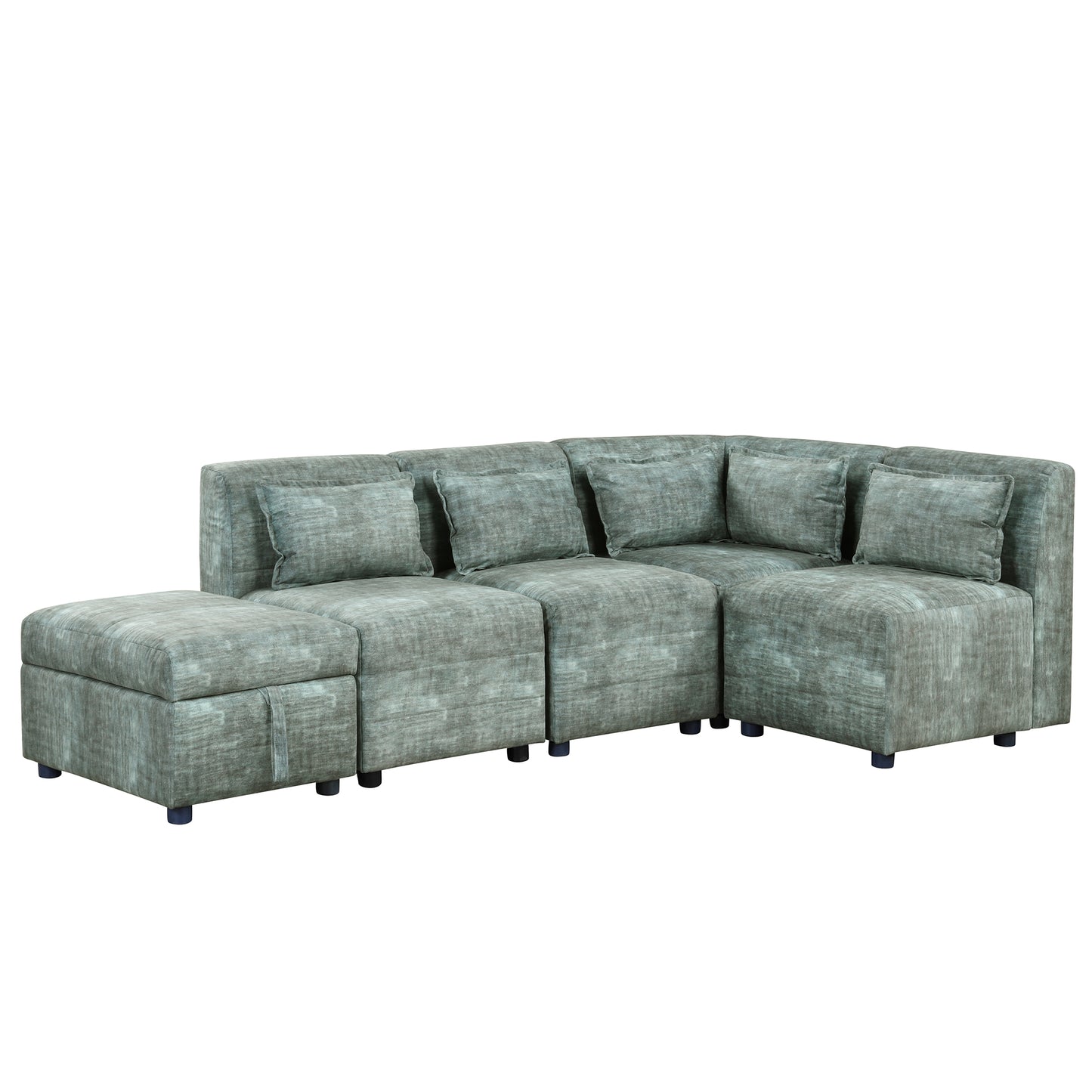 Endless Lounge Creations: Free-Combined Blue-Green Sectional Sofa with Storage Ottoman and 5 Pillows