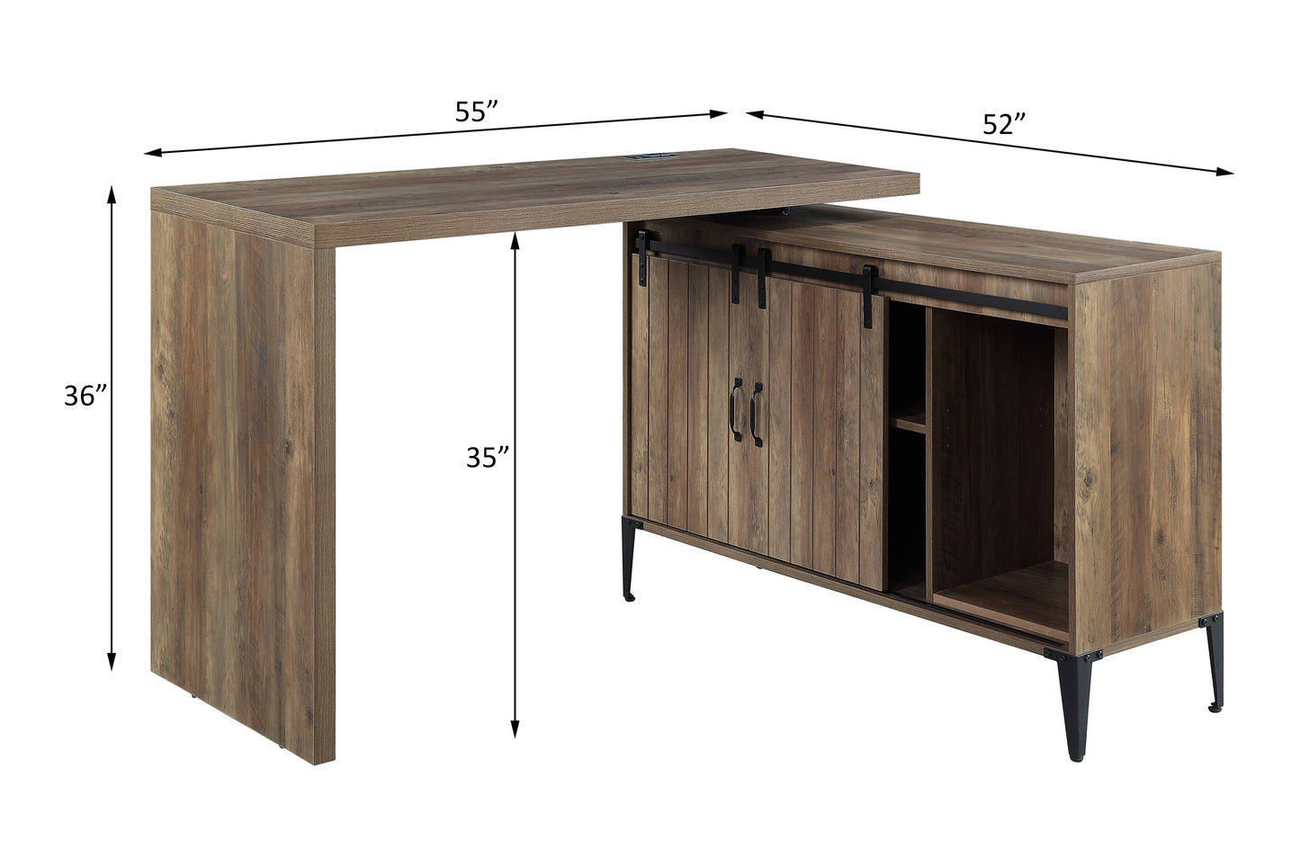 Rustic Oak Writing Desk with USB Port and Sliding Barn Door