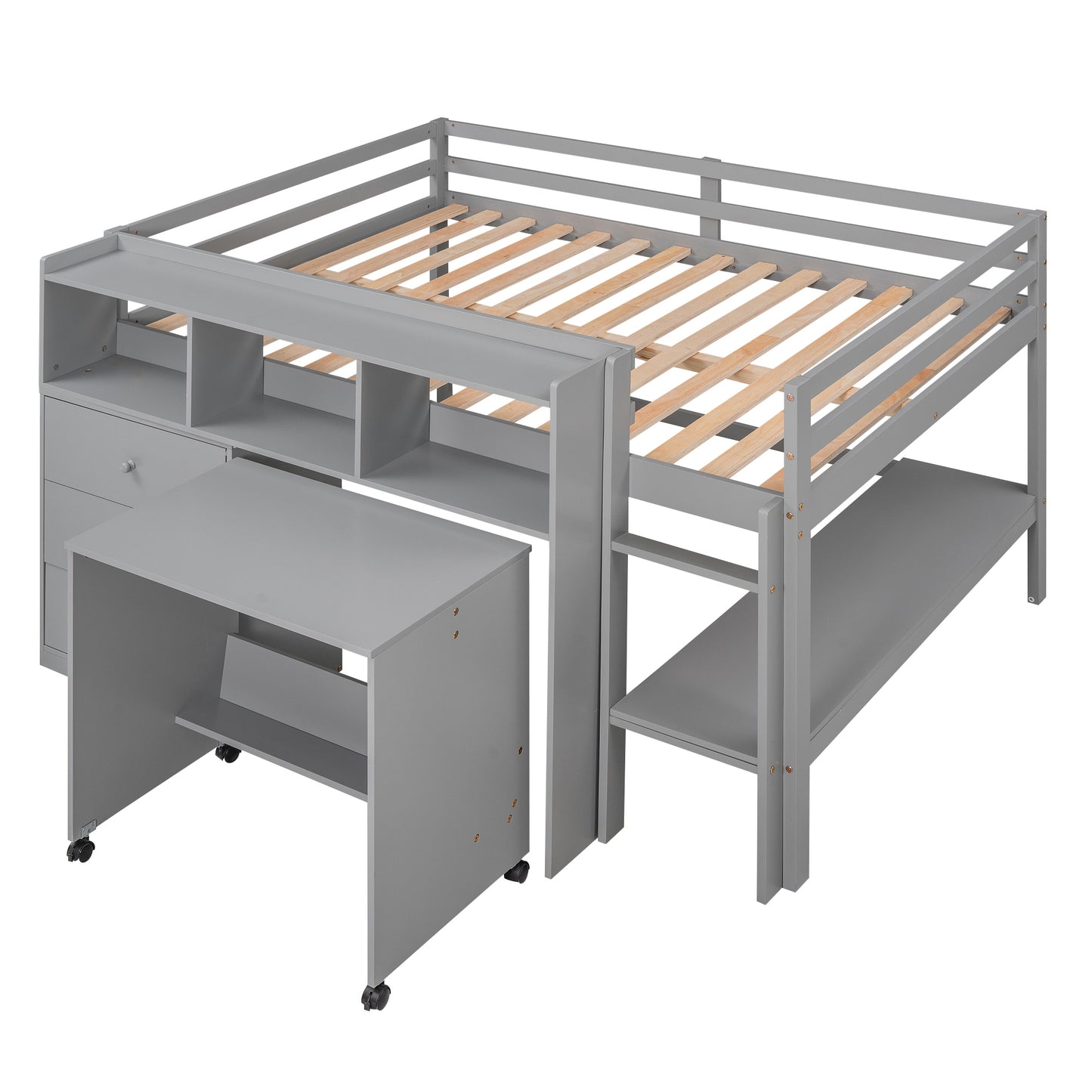 Full Size Low Loft Bed with Rolling Portable Desk, Drawers and Shelves, Gray(: GX000711AAE)