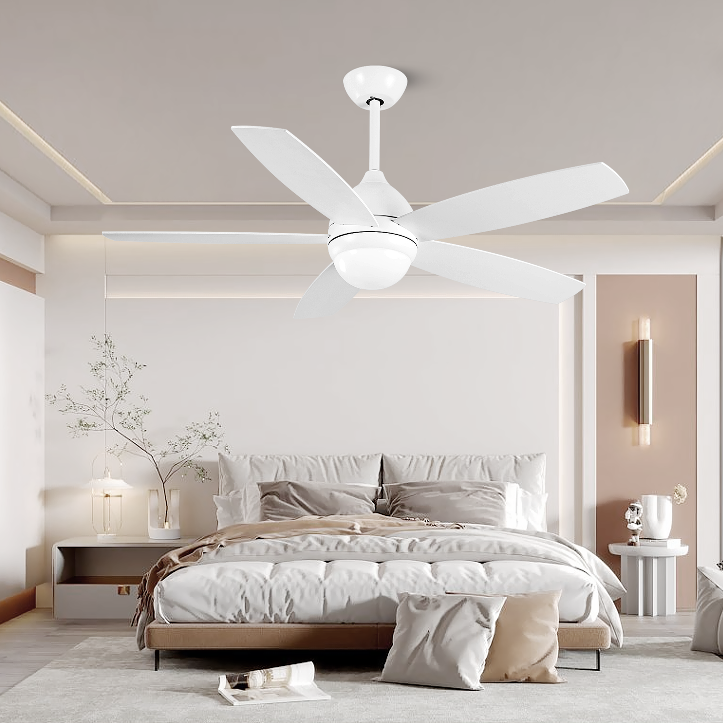 52 Inch Elegant White Ceiling Fan with Remote Control and Dimmable LED Lights