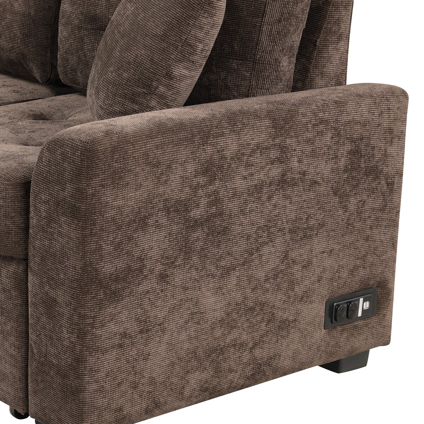 Convertible L-Shape Sleeper Sofa with USB Ports and Power Sockets, Brown