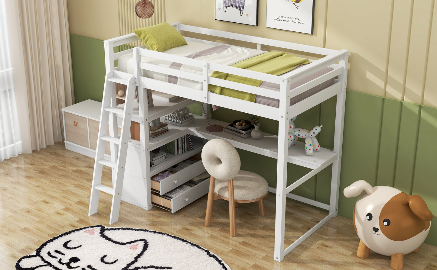 Twin Size Loft Bed with Desk and Shelves, Two Built-in Drawers, White(: GX000423AAK)