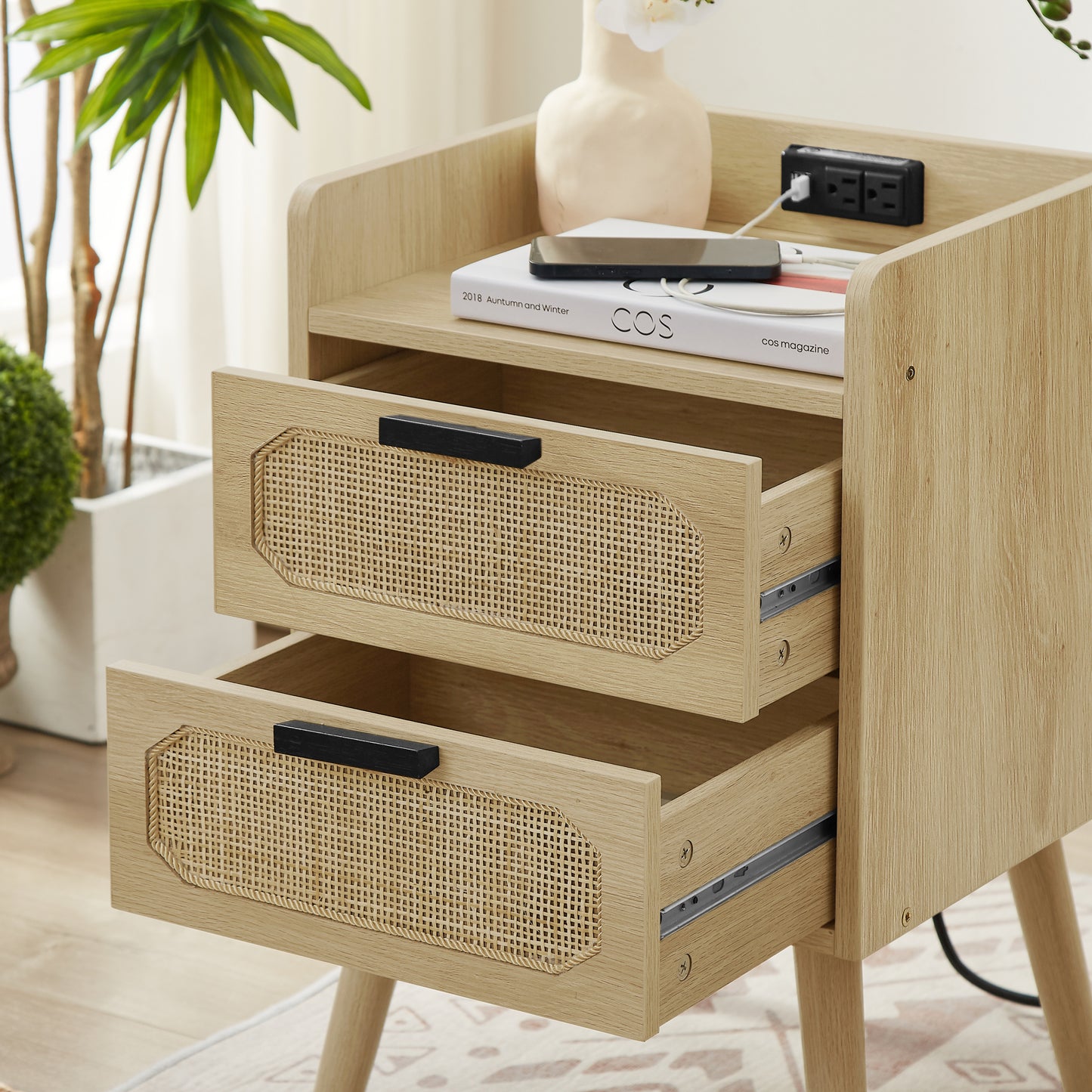 Rattan nightstand with socket side table natural handmade rattan（2PC,Natural ,15.55’’W*13.78’’D*23.82’’H）