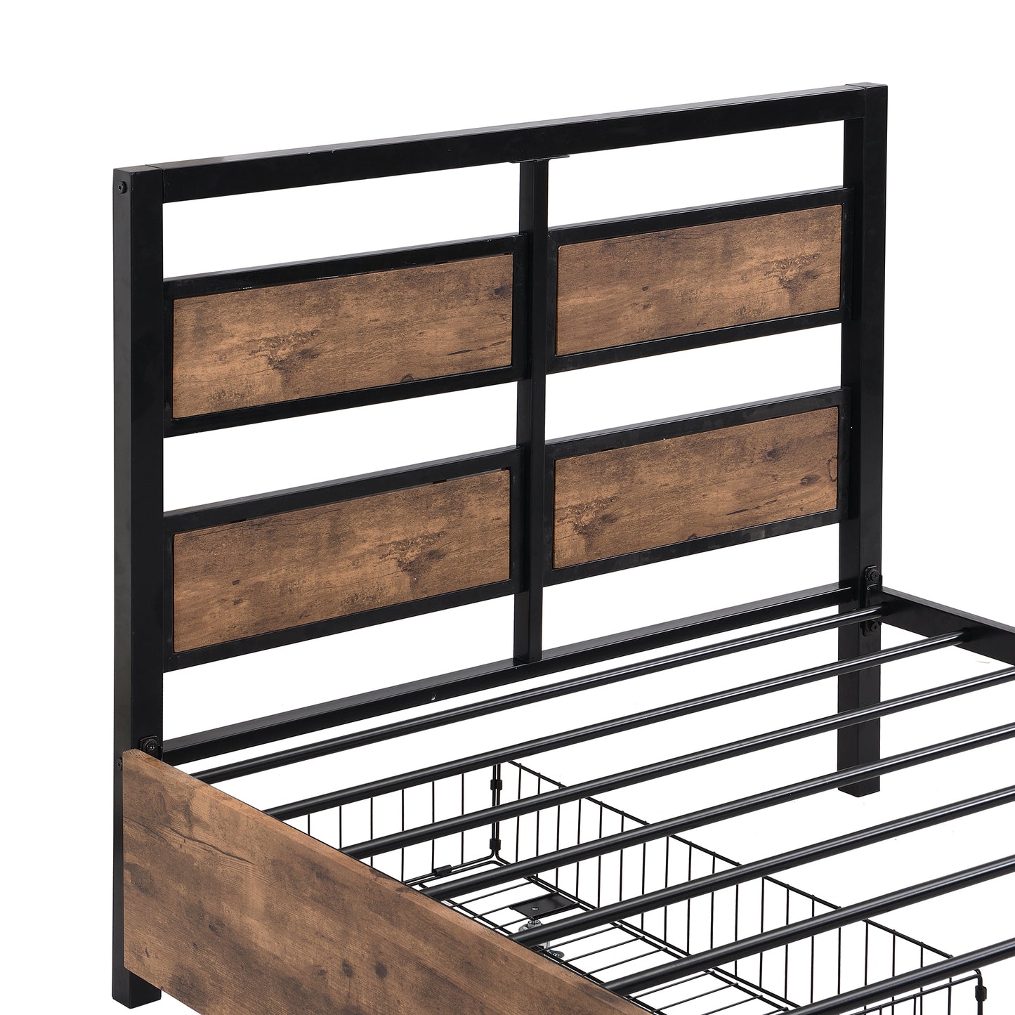 Twin Size Metal Platform Bed with MDF Headboard and Footboard,Two Storage Drawers and Rotatable TV Stand,Black - Modern Industrial Design Twin Bed with TV Stand and Storage