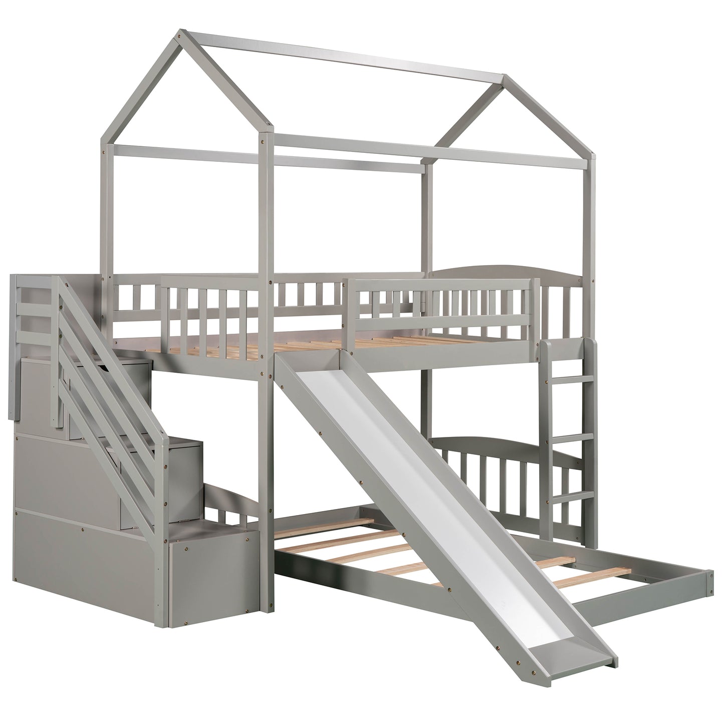 White House Design Twin Over Twin Bunk Bed with Slide and Storage Steps