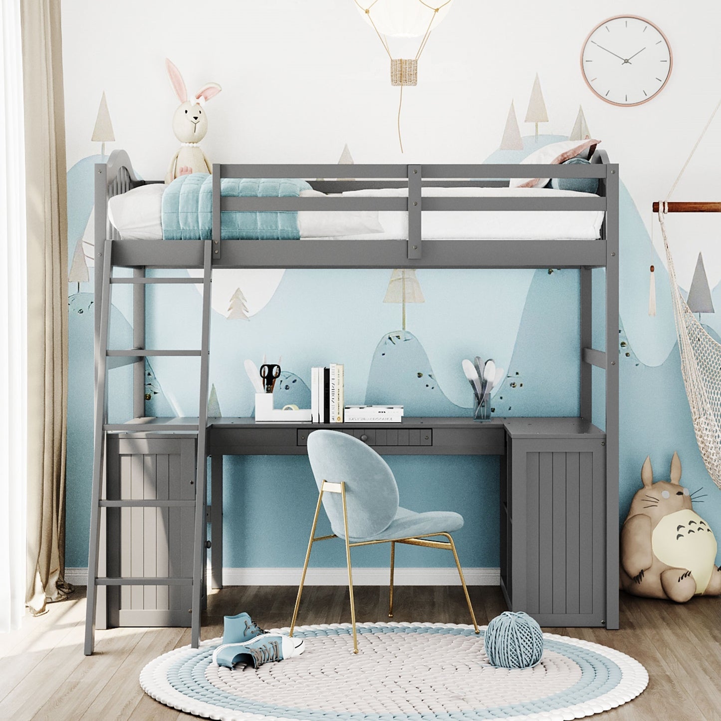 Twin size Loft Bed with Drawers, Cabinet, Shelves and Desk, Wooden Loft Bed with Desk - Gray( :LT000505AAE)