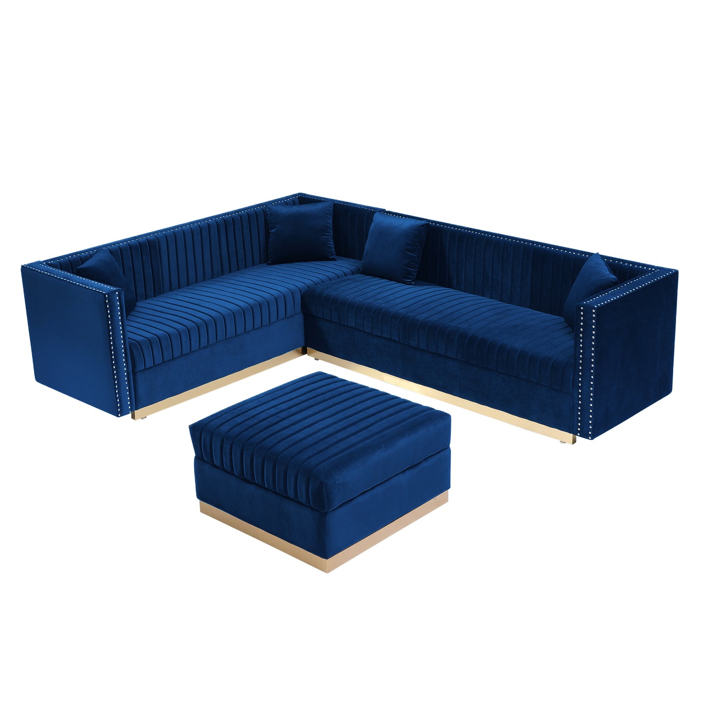 Blue Velvet L-shaped Sectional Sofa with Ottoman and 4 Pillows for Modern Living Rooms