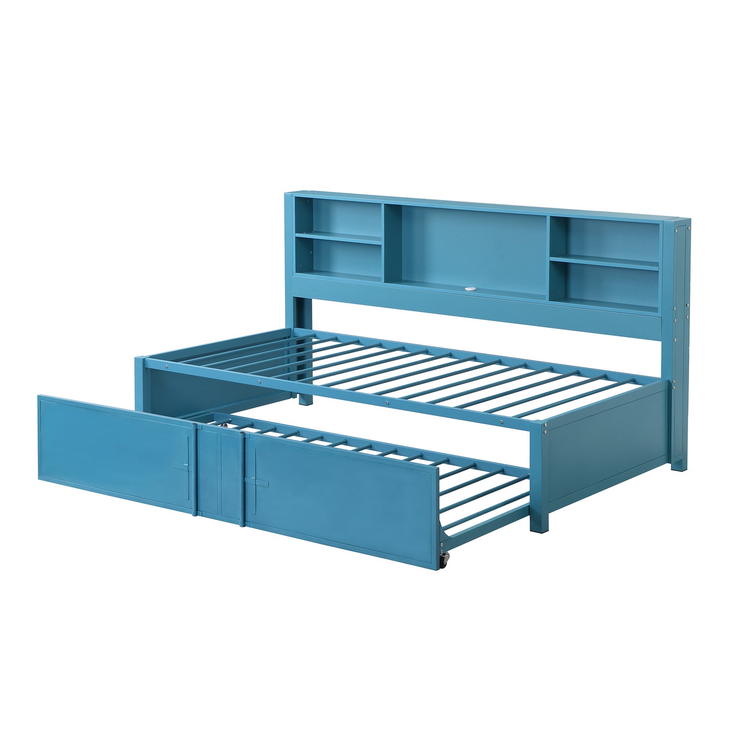 Metal Twin Size Daybed with Twin Size Trundle, Storage Shelves and USB Ports, Blue