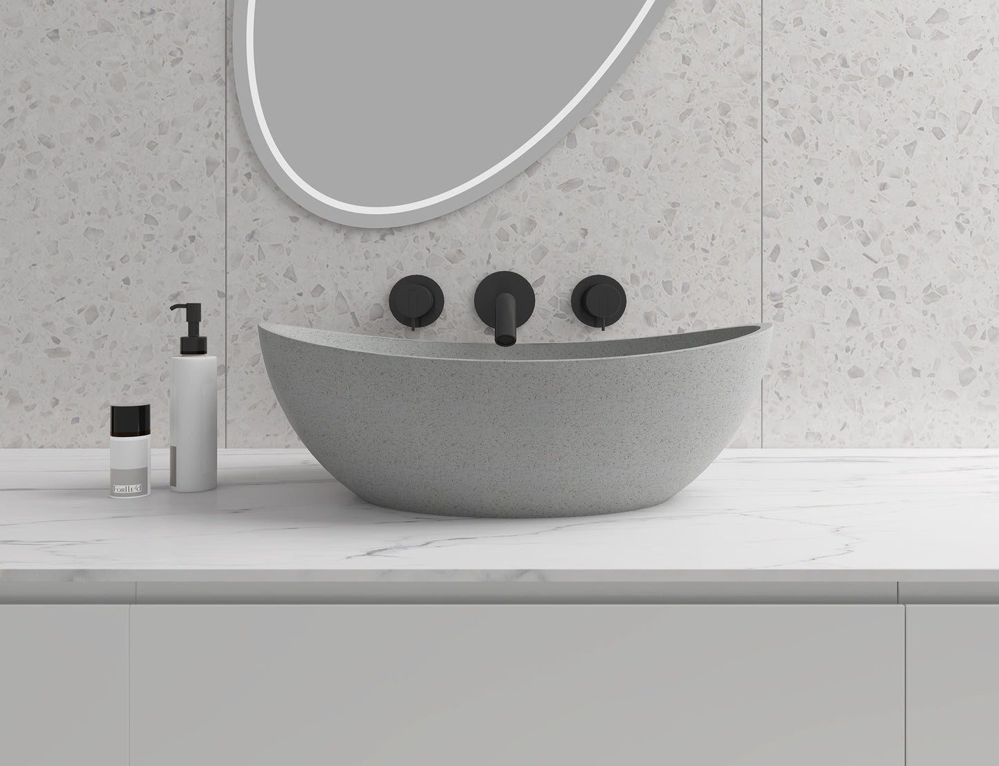 Oval Concrete Vessel Bathroom Sink Handmade Concreto Stone Basin Counter Freestanding  Bathroom Vessel  Sink in Grey without  Faucet and Drain