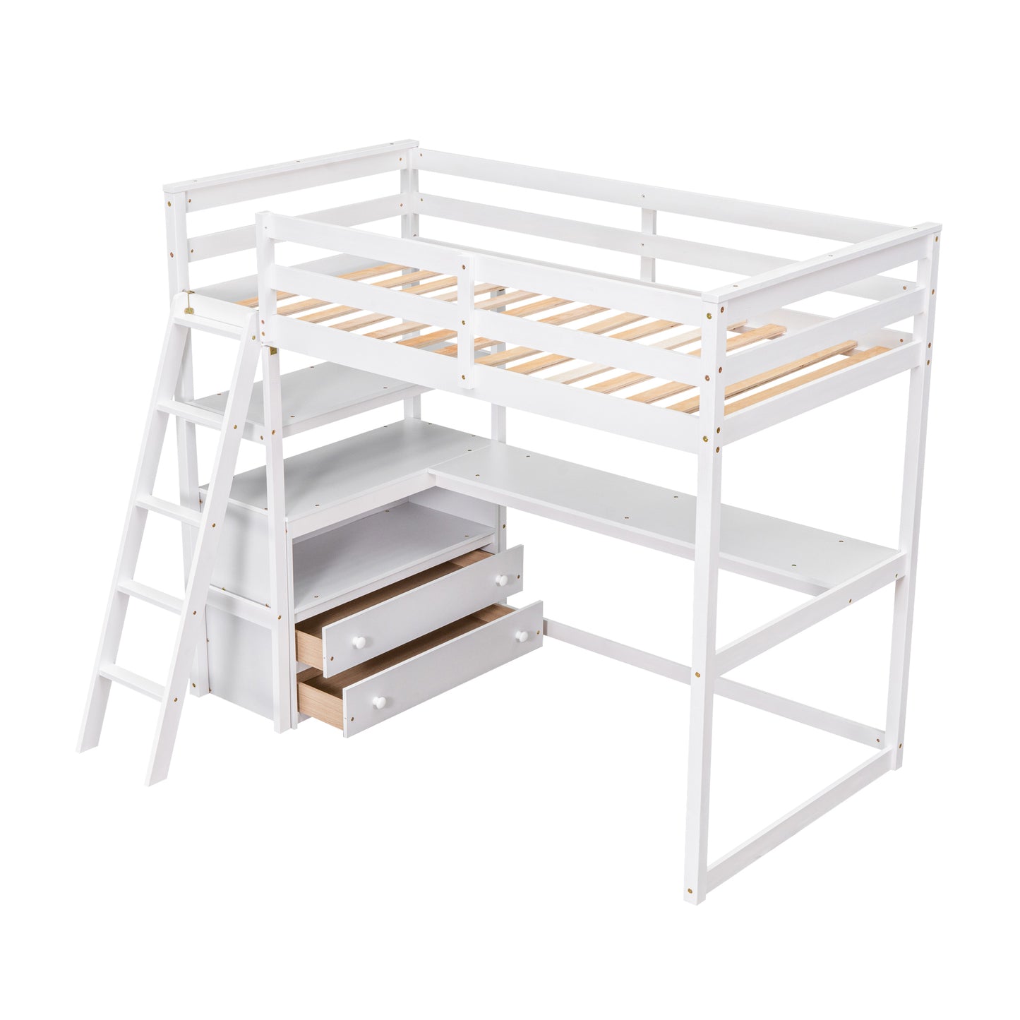 Twin Size Loft Bed with Desk and Shelves, Two Built-in Drawers, White (: GX000803AAK-1)