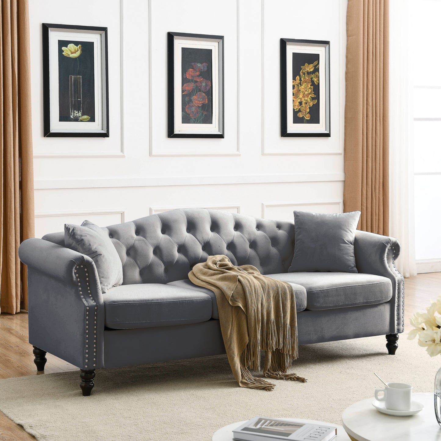 Grey Velvet Chesterfield 3-Seater Sofa Combination with Nailhead Trim