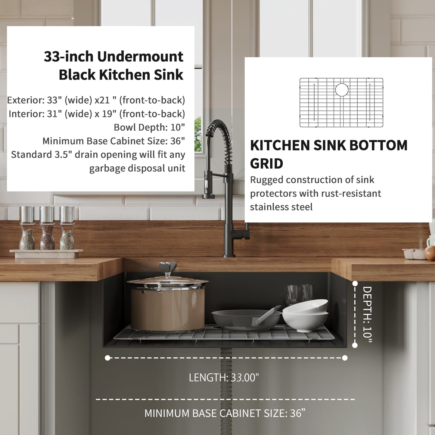 Gunmetal Black Stainless Steel Single Bowl Undermount Kitchen Sink with 16 Gauge - 33 x 21 x 10