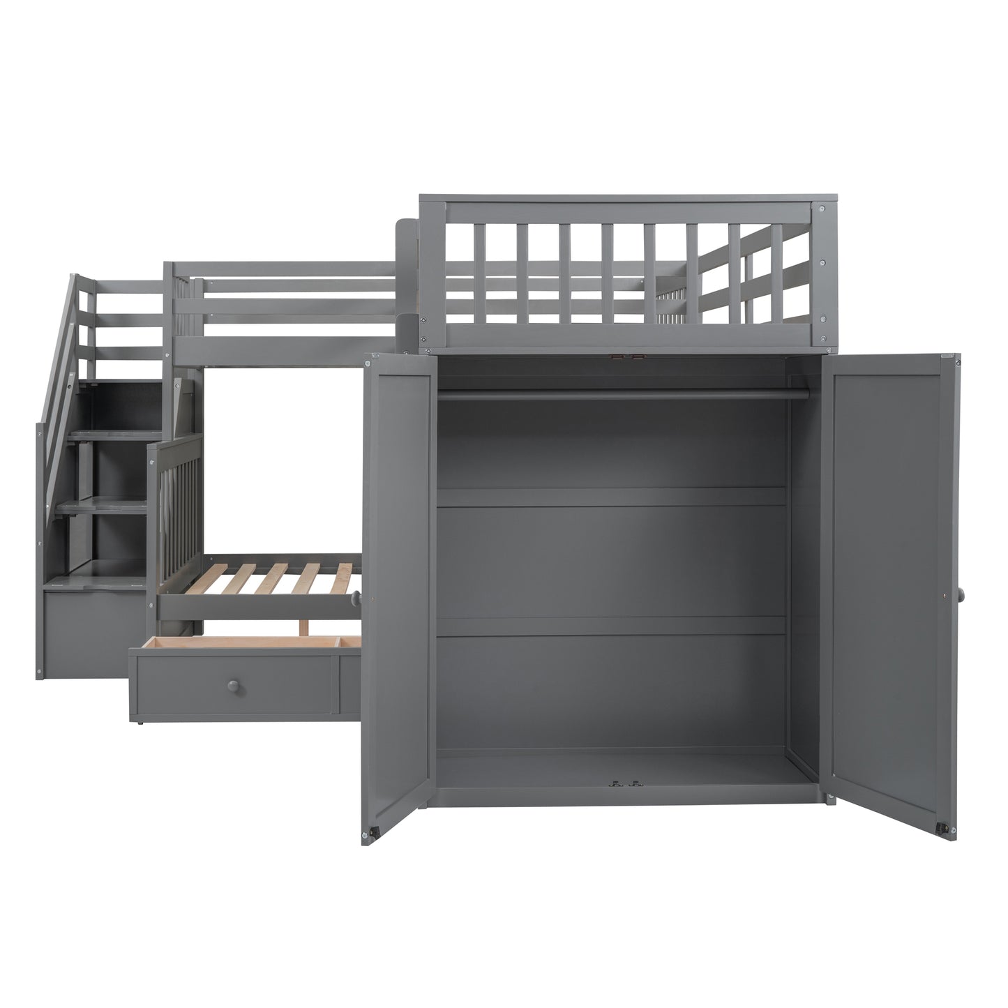 Gray Triple Bed with Integrated Desk, Wardrobe, and Drawers