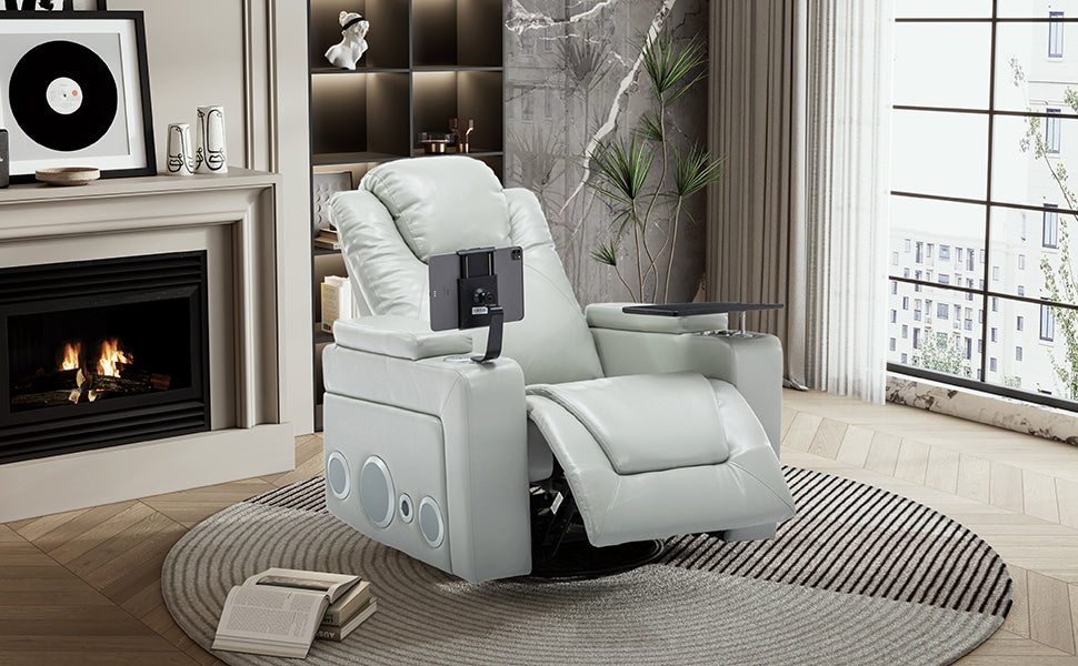 Luxurious Grey PU Leather Power Recliner with Surround Sound and Storage.