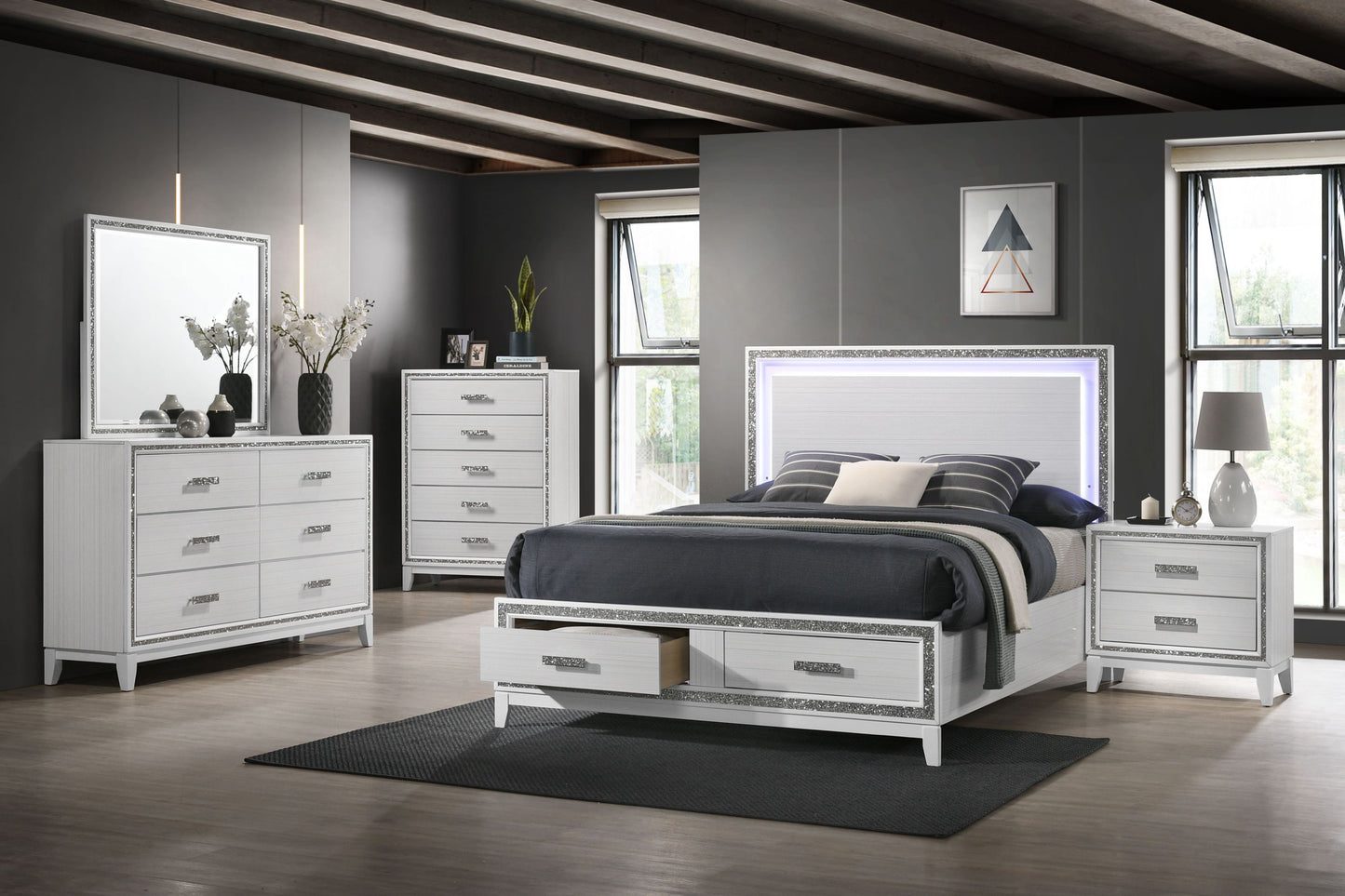 Haiden Eastern King Bed w/Storage, LED & White Finish BD01742EK