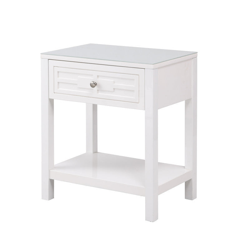 Dylan White Wooden End Side Table Nightstand with Glass Top and Drawer