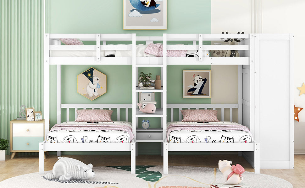 Triple Bunk Bed with Shelves, Wardrobe, and Mirror in White - Space-Saving Family Bunk Bed