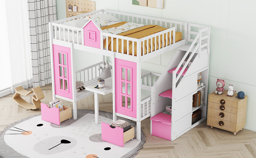 Pink Full-Over-Full Bunk Bed with Multi-Functional Table