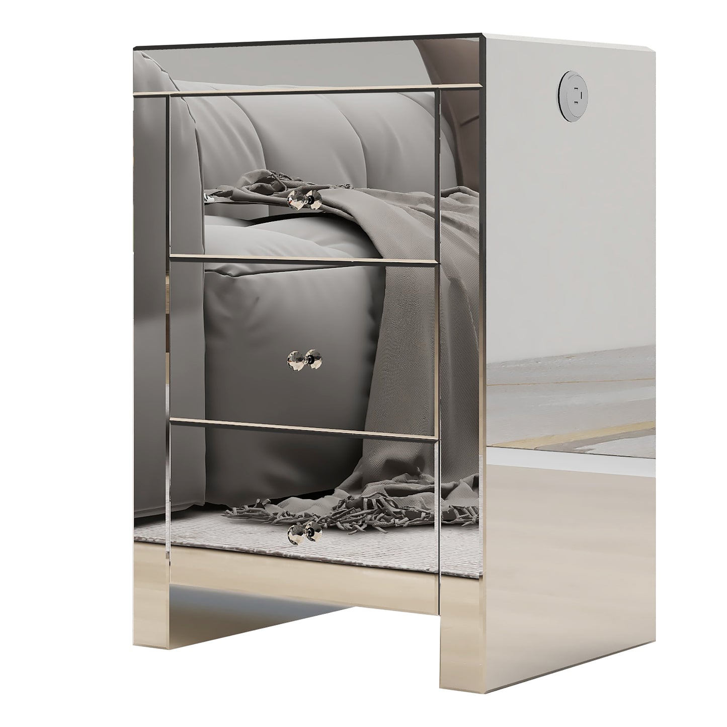 Silver glass nightstand for living room, shining bedside table with wireless charging and charging ports