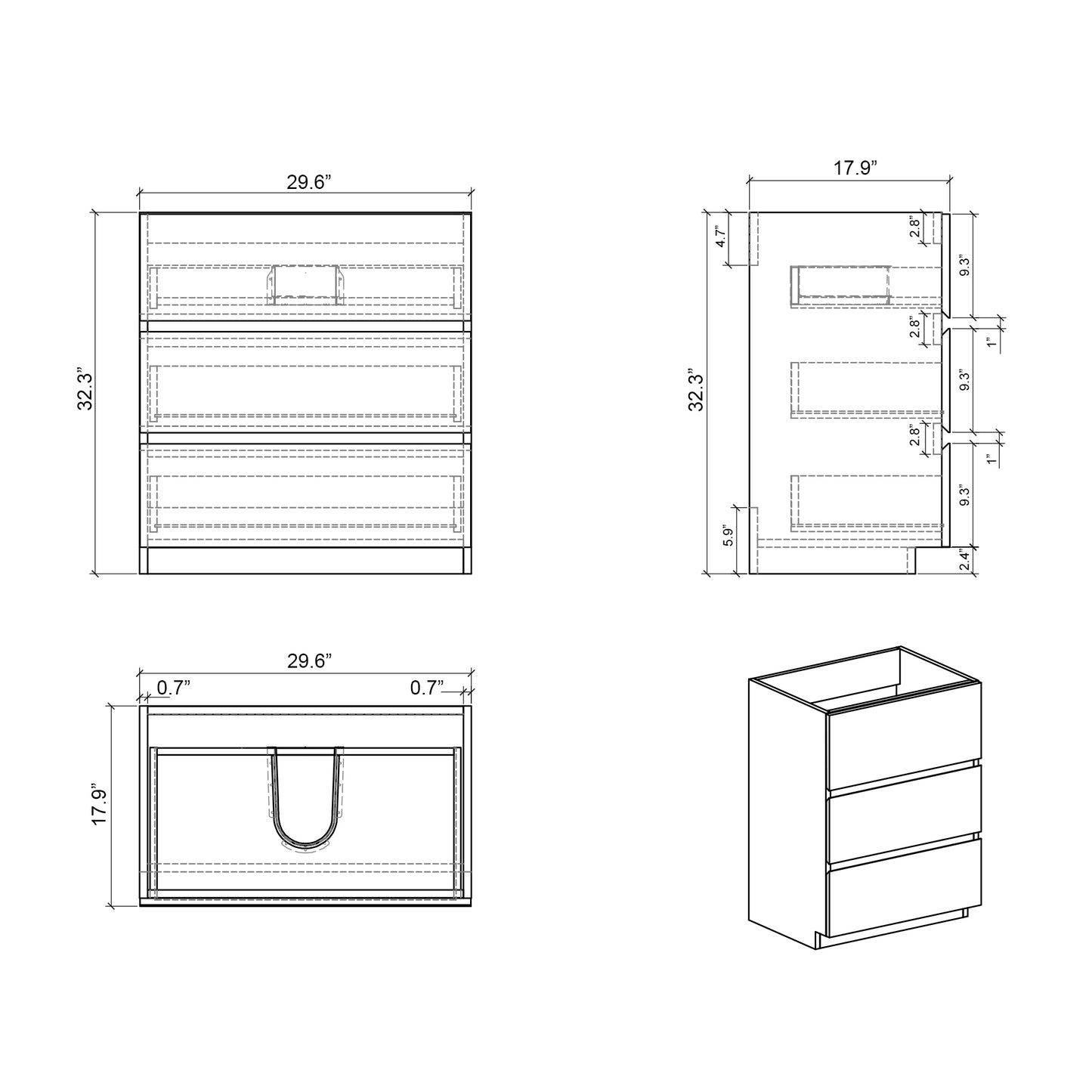 Alice-30F-105,Floor cabinet WITHOUT basin,Walnut color,With three drawers